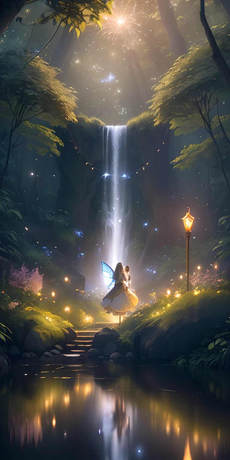 Masterpiece, best quality, (very detailed CG unity 8k wallpaper), (best quality), (best illustration), (best shadows), glow sprite, with a lady Fairy, in the long lake Drinking water, natural elements in the forest theme. Mysterious forest, beautiful forest, nature, surrounded by flowers, delicate leaves and branches surrounded by fireflies (natural elements), (jungle theme), (leaves), (twigs), (fireflies), (particle effects) etc. 3D , Octane rendering, ray tracing, super detailed, watermark text Manish patra creation