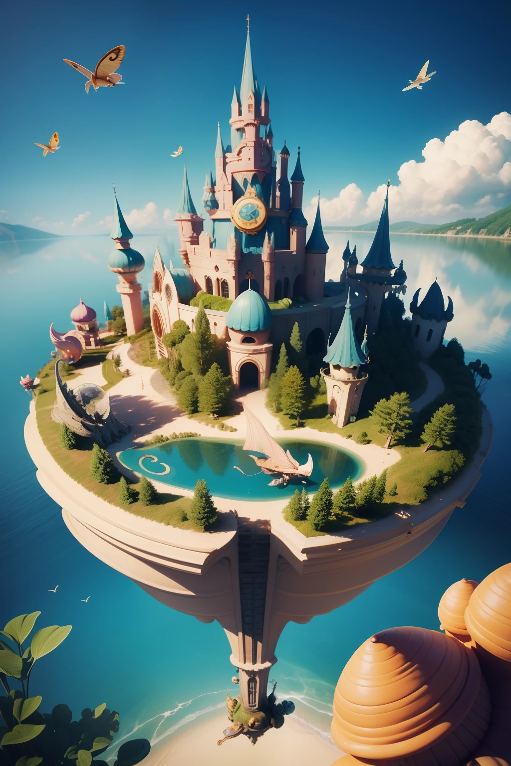 phantasy, Cartoon illustration of a fantasy world with bizarre large caterpillars and snails, flying over the surface of the lake, Everyone is cheerful and happy. a closeup of a, Cinematic, a lot of details. Blurred fantasy background. Light haze.