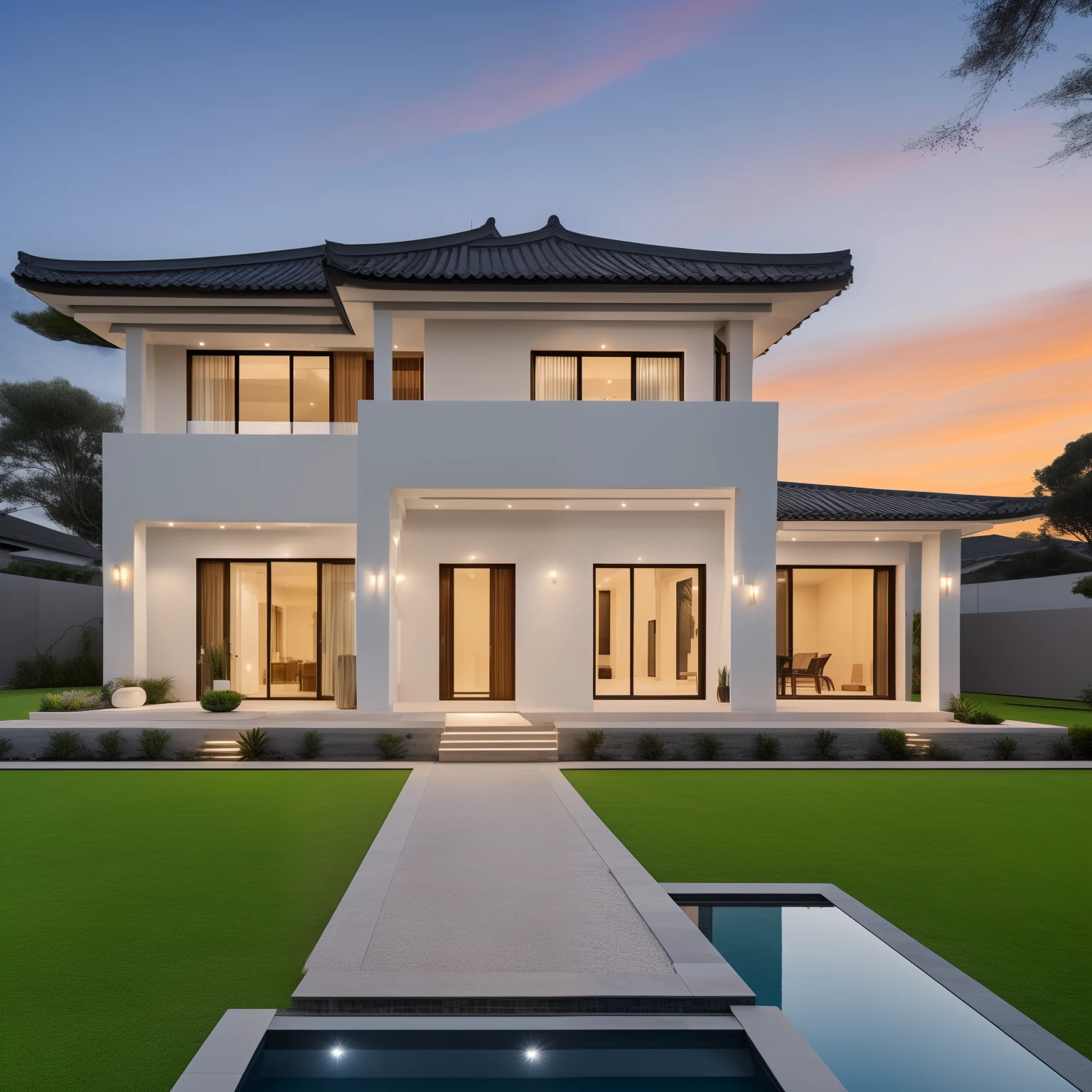 Ha Tan House ((Masterpiece, Best Quality, 8K, Ultra High Definition)), front yard, modernized house, high end, luxury, water, sunrise .