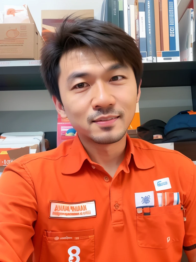 there is a man in an orange shirt sitting in front of a shelf, thawan duchanee, nivanh chanthara, hoang long ly, ren heng, mechanic, professional profile picture, avatar image, profile picture 1024px, very very low quality picture, professional picture, 8k selfie photograph, david luong