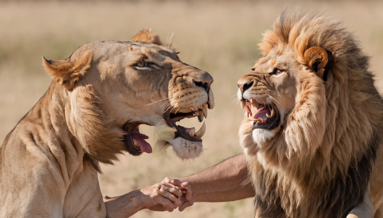 "Marcus Aurelius bravely battling a fierce lion, firmly gripping its mighty jaws."
