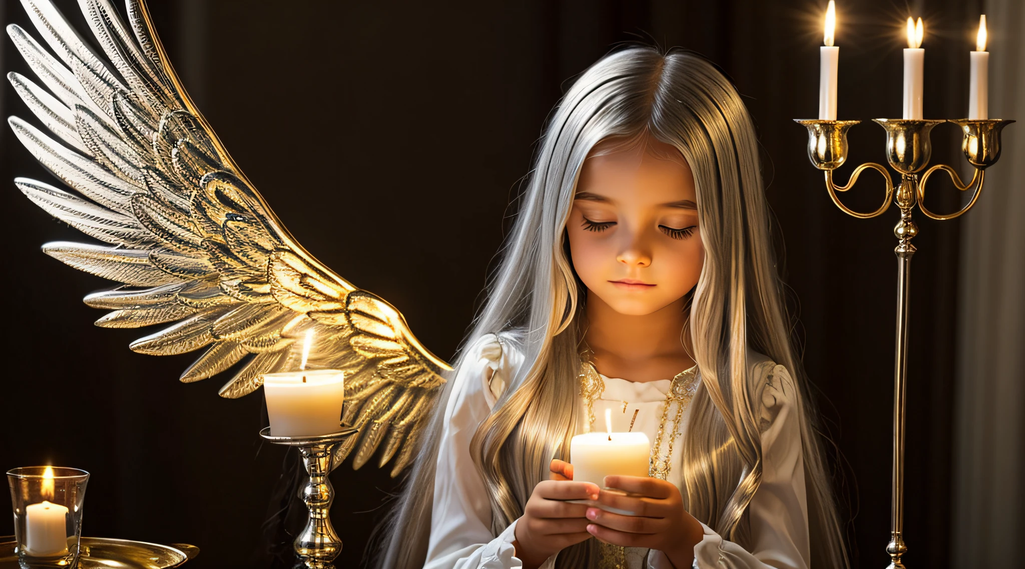 CHILDREN LONG HAIR SILVER GOLDEN ANGEL GIRL with candle accesses in hand.