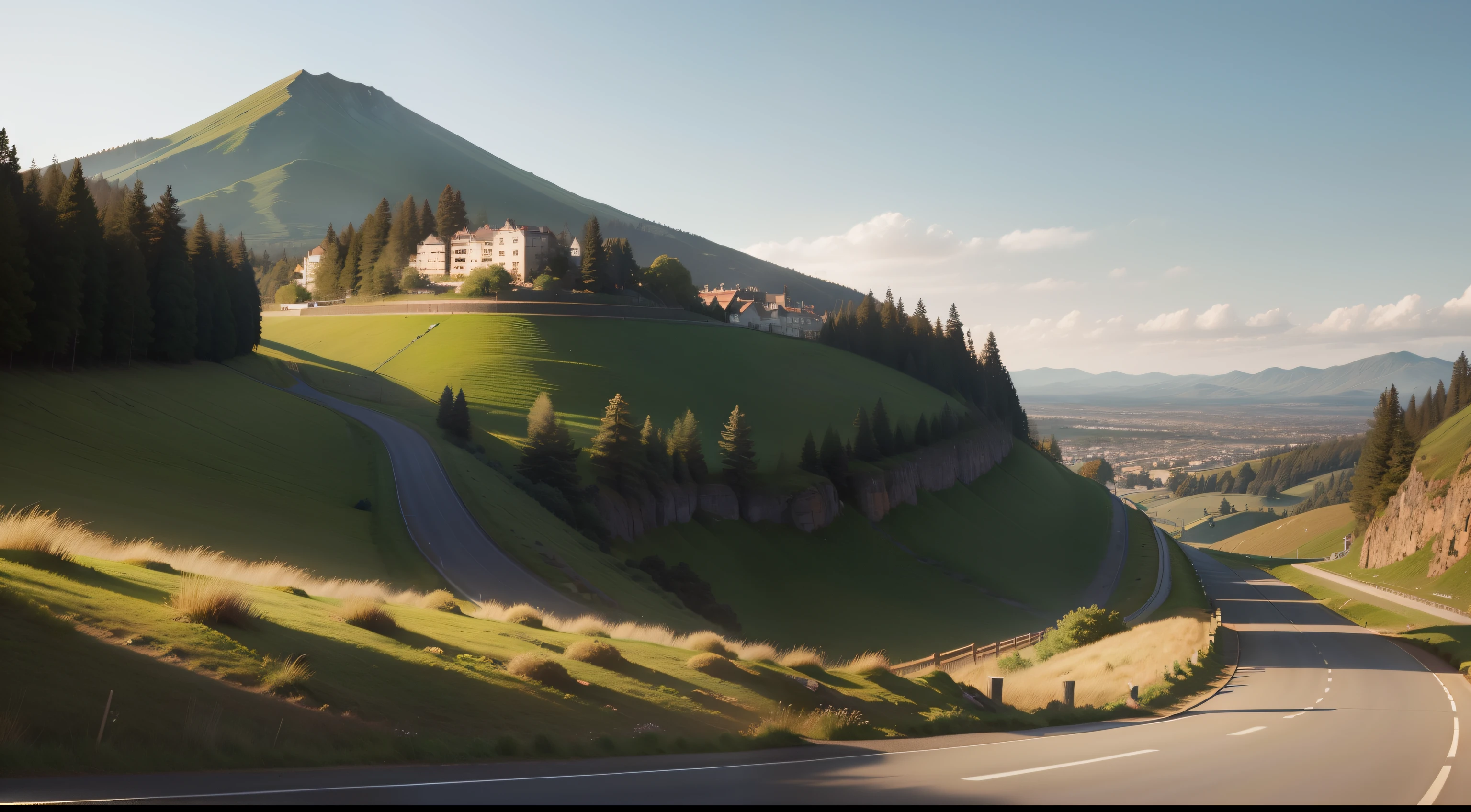 A view of a beautiful hill with a road passing by from left to right, photo taken from the side