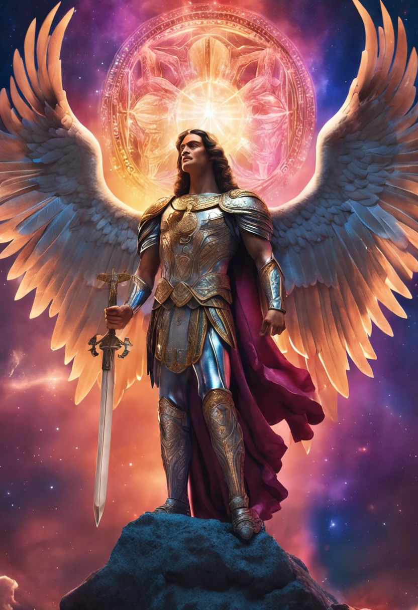 um personagem masculino, o arcanjo Miguel, imagem celestial, detalhes intricados, realista, asas ROSAS e grandes, fundo angelical, Catholic illustrative image of the archangel Michael, Male character of the Bible, Michael is wearing his angelic armor, cosmic background, Illumination in the Archangel and in the background, imagem do corpo todo do anjo, Maximum detail and his angelic face and wings, pele perfeita realista, Maximum image quality, Miguel ele esta destacado na imagem com cores fortes e chamativas.