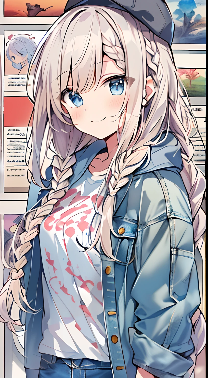 (Incredibly Absurdres Absolutely Resolution: 1.5), Best Quality, Masterpiece, Ultra High Definition, 8k, Sun, (Oversized Denim Jacket, Printed T-Shirt, Pants), Shojo Manga Style, , Soft Line Art, Digital Enhancement, Shojo Manga Touch, Shoujo Manga Core, (((Hair length to shoulder))), ( ((short braid))), soft drawing, beautiful black hair, clear eyes, (((gentle smile)), ultra-detailed digital anime art, clear face depiction, ultra-detailed shojo manga character art, clear facial features, manga style, top quality colors, foot-visible angle, entangle, beautiful and aesthetic: 1.3, high quality:1.3