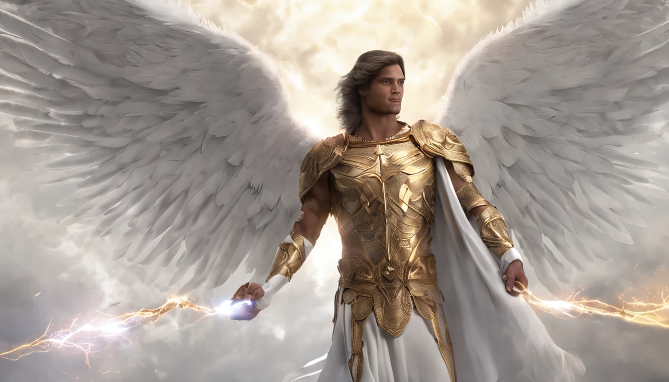 There is a painting of an angel with wings in the sky, Anjo majestoso de corpo inteiro, vestido com roupas brancas e vermelhas, biblical accurate angel, Arcanjo Miguel, anjo protegendo em guarda, angel spirit guide, angelic, Arcanjo Miguel, humano alado, epic angel wings, anjo lindo, anjo, being brilliant angelic, angelic, Tema de anjo, Alto Anjo tiro distante, Biblical setting, anjo guerreiro, with a spear in his hand, vestes vermelhas estilo soldado romano, anjo aparentando idade de 40 anos e majestoso, um personagem masculino, o arcanjo Miguel, imagem celestial, detalhes intricados, realista, asas ROSAS e grandes, fundo angelical, Catholic illustrative image of the archangel Michael, Male character of the Bible, Michael is wearing his angelic armor, cosmic background, Illumination in the Archangel and in the background, imagem do corpo todo do anjo, Maximum detail and his angelic face and wings, pele perfeita realista, Maximum image quality, Miguel ele esta destacado na imagem com cores fortes e chamativas.