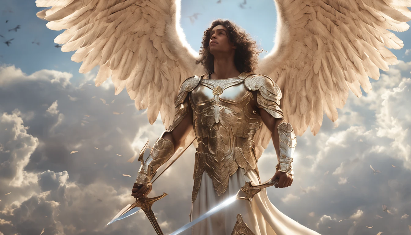 Há uma pintura de um angel com asas no céu, full body majestic angel, dressed in white and red clothes, angel bíblico preciso, Arcangel Miguel, angel protegendo em guarda, angel guia espiritual, angelic, Arcangel Miguel, humano alado, asas de angel épicas, angel lindo, angel, being brilliant angelic, angelic, Tema de angel, High Angel distant shot, Biblical setting, angel guerreiro, with a spear in hand, red roman soldier style robes, angel aparentando idade de 40 anos e majestoso, a male character, o arcangel Miguel, celestial image, intricate details, realisitic, PINK and big wings, fundo angelical, Imagem ilustrativa católica do arcangel Miguel, Male character of the Bible, Michael is wearing his angelic armor, cosmic background, Iluminação no Arcangel e ao fundo, imagem do corpo todo do angel, Maximum detail and his angelic face and wings, pele perfeita realisitic, Maximum image quality, Miguel is highlighted in the image with strong and eye-catching colors.