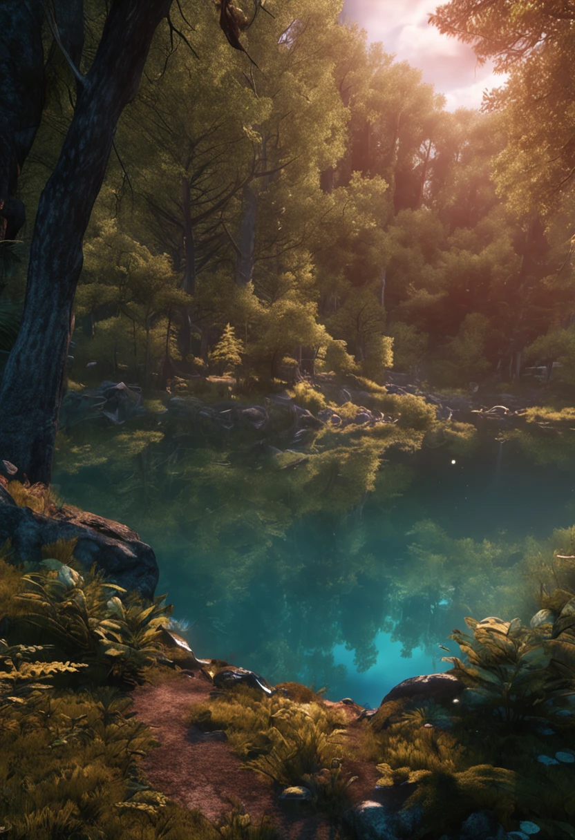 (Light magic:1.2), (Grim:1.1) forest, springtime, (Intricate details), A mirror-like lake,(ultra - detailed), 8k hdr, high detal, A lot of detail, High quality,Tyndall effect, (Colored:1.3)