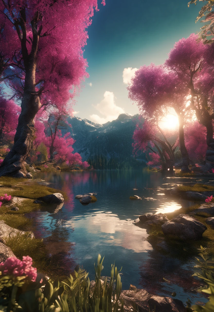 (Light magic:1.2), (Grim:1.1) forest, springtime, (Intricate details), A mirror-like lake,(ultra - detailed), 8k hdr, high detal, A lot of detail, High quality,Tyndall effect, (Colored:1.3)