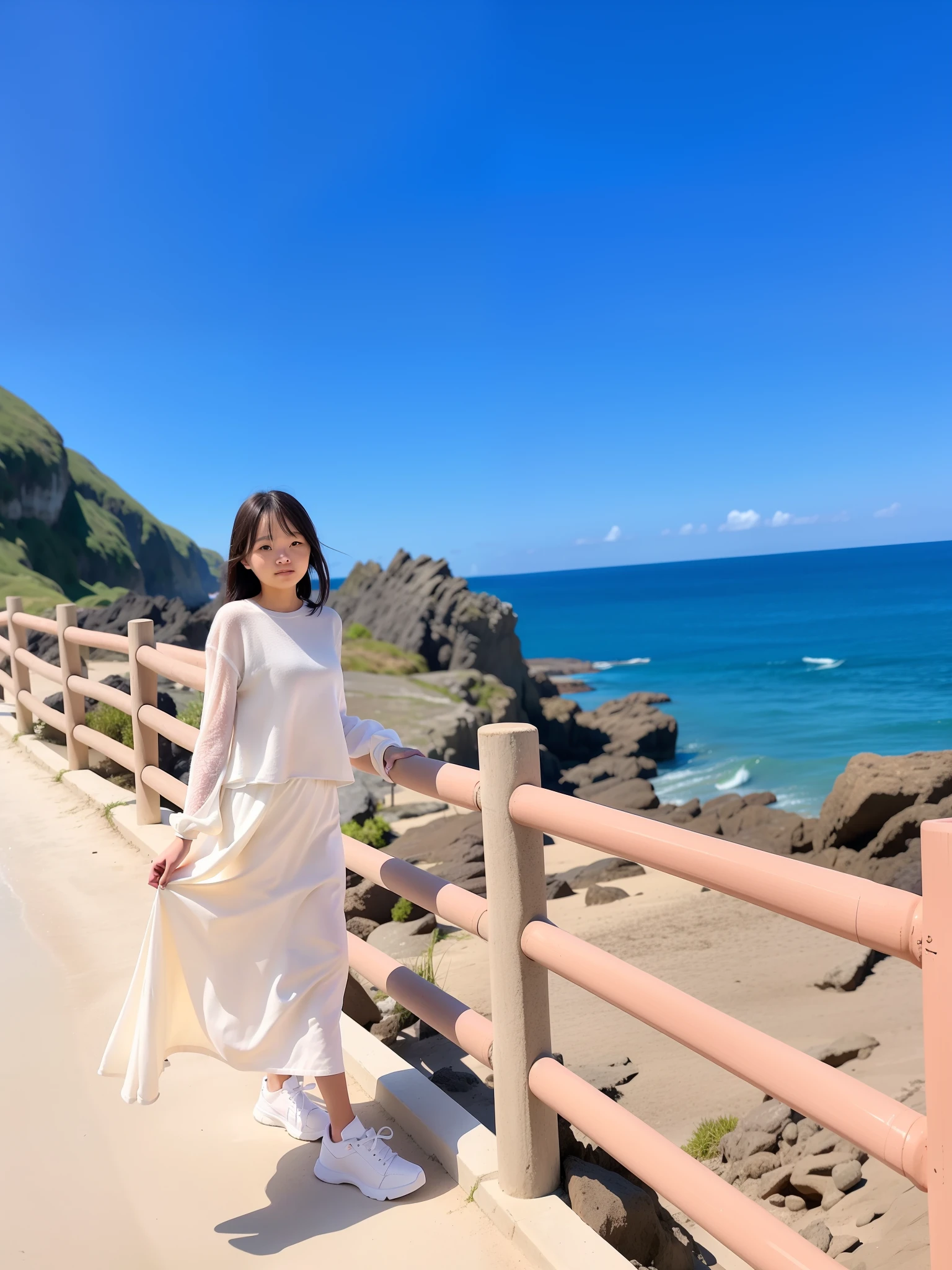 there is a woman standing on a path by the ocean, the ocean in the background, standing beside the ocean, 8k)), ocean in the background, at the sea, Middle metaverse, 🤬 🤮 💕 🎀, li, photo taken with canon 5d, near the sea, standing near the beach, 😭 🤮 💕 🎀