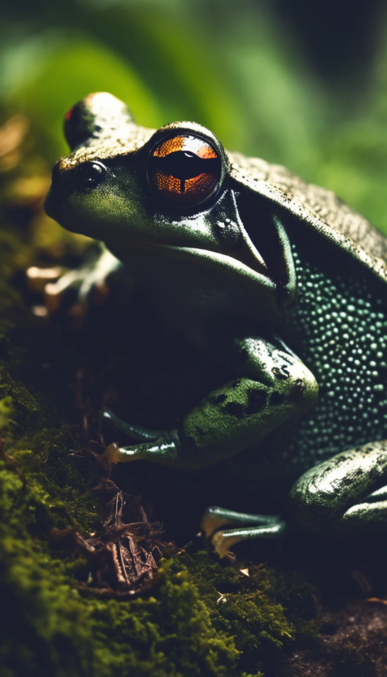 Close-up photo of a frog in the enchanted forest，Oversized close-up，Close-up strengthened，Eye focus，clean backdrop，depth of fields，largeaperture，photography of，during night，glowworm，volume fog，Halo，blooms，Dramatic atmosphere，at centre，the rule of thirds，200 mm 1.4F macro shooting
