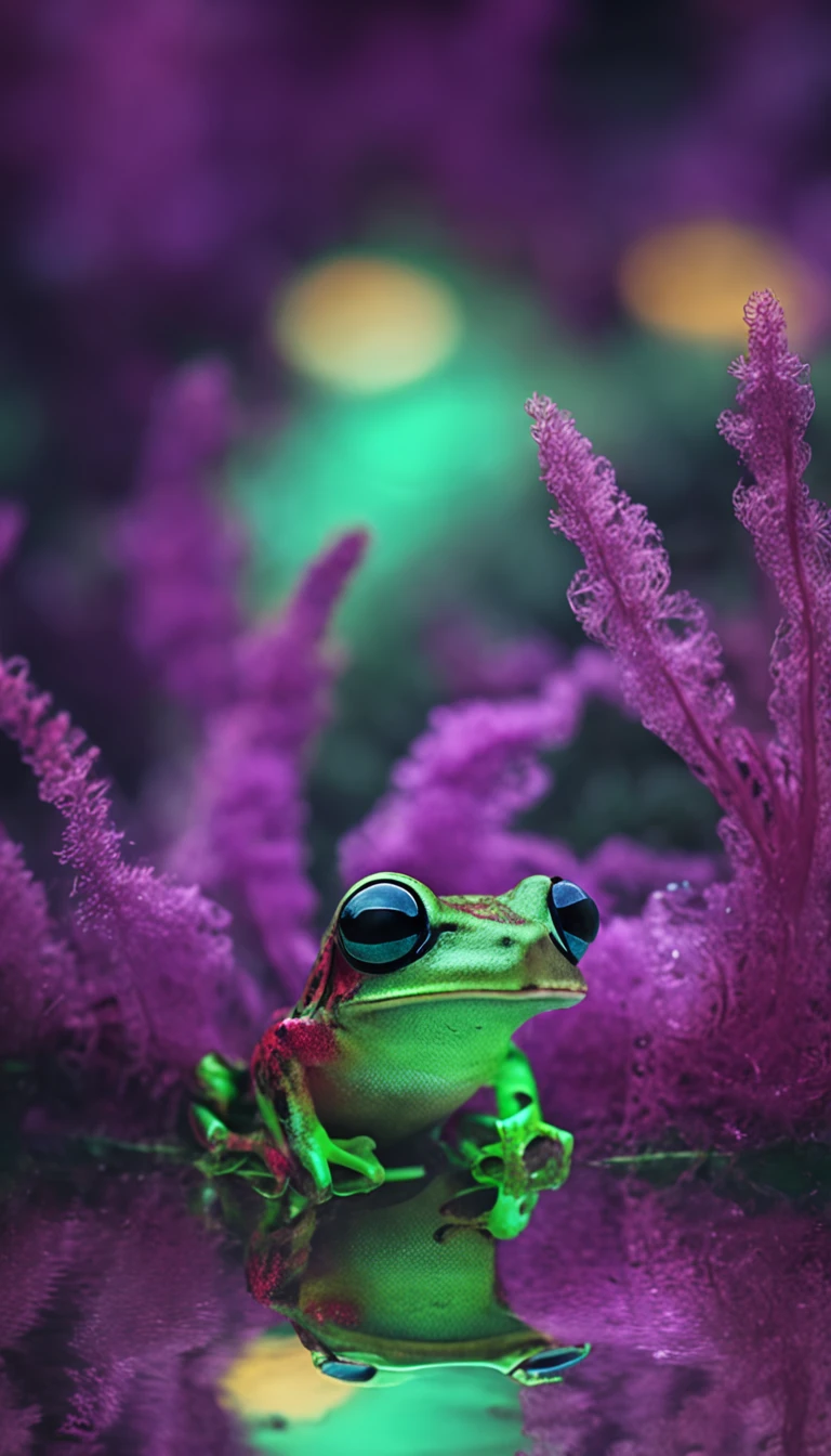 Close-up photo of a frog in the enchanted forest，Oversized close-up，Close-up strengthened，Eye focus，clean backdrop，depth of fields，largeaperture，photography of，during night，glowworm，volume fog，Halo，blooms，Dramatic atmosphere，at centre，the rule of thirds，200 mm 1.4F macro shooting