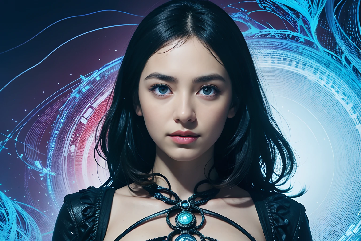 official art, unity 8k wallpaper, ultra detailed, beautiful and aesthetic, masterpiece, best quality, (zentangle, mandala, tangle, entangle), (fractal art:1.3) , 1woman, The most beautiful face ever, ((Emma watson:0.1)), (Audrey Hepburn:0.2), ((Emilia Clark:0.6)),(Yuki Uchida:0.4), (relatively thick eyebrows:0.4), dark circles, (beautiful large blue eyes:1.3), (no-makeup:1.6), big breast, extremely detailed, dynamic angle, cowboyshot, the most beautiful form of chaos, elegant, a brutalist designed, vivid colours, romanticism, by james jean, roby dwi antono, ross tran, francis bacon, michal mraz, adrian ghenie, petra cortright, gerhard richter, takato yamamoto, ashley wood, atmospheric, ecstasy of musical notes, streaming musical notes visible, glowing astral body, mysterious atmosphere