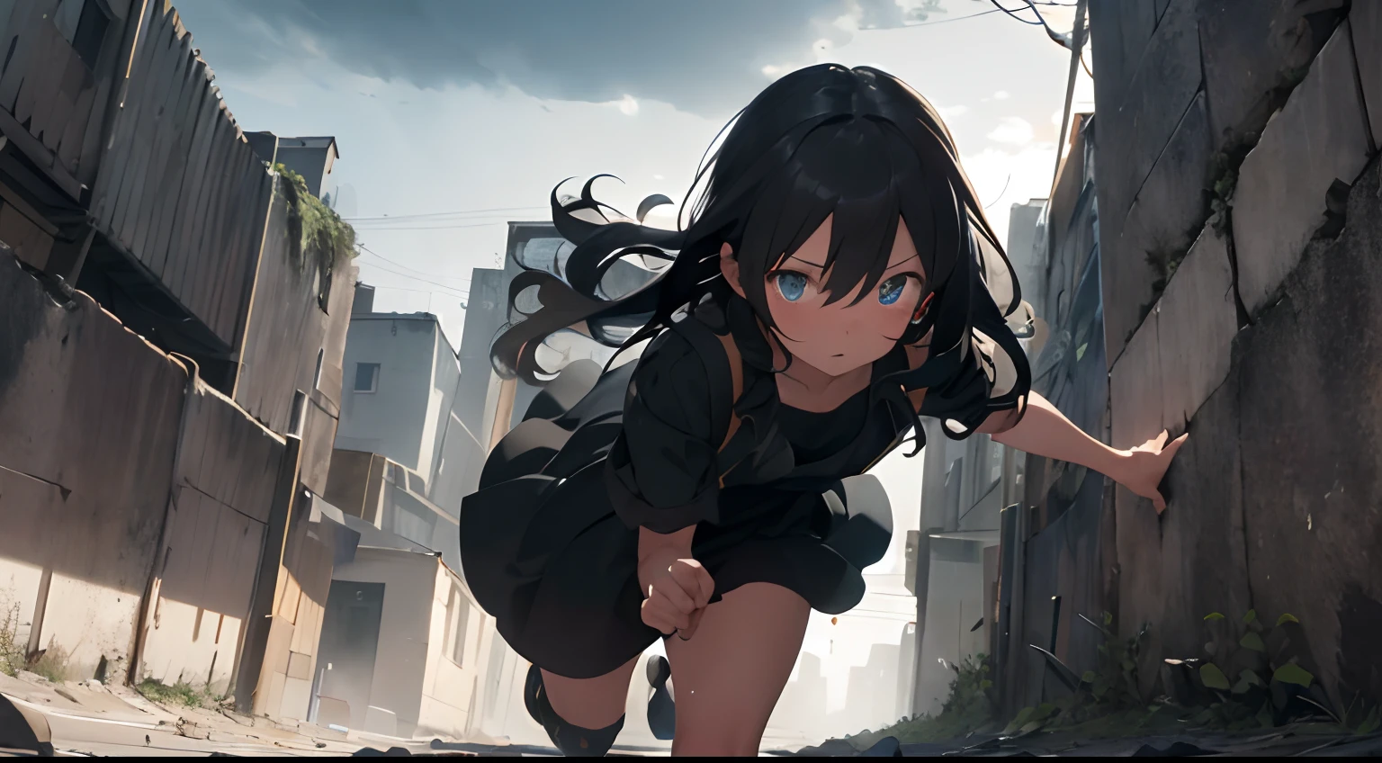 masterpiece, top-quality, Ultra-detailed, Searching for doors and keys alone in the depths of the dark earth, Girl Running, A deep picture of sadness and hope, Dark clouds approaching the bottom of the Earth, A dystopian city surrounded by walls so high that you can't see the sky, girl in black dress, Long Black Hair.