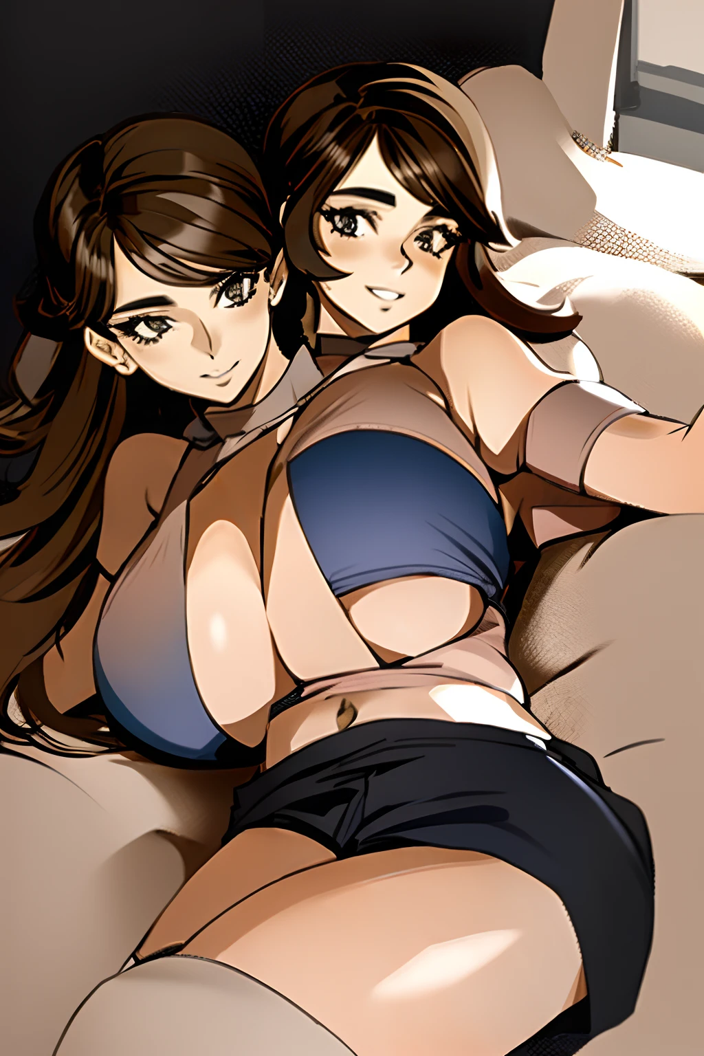2heads, a fat woman with two heads. She has enormous breasts. She is laying on a bed in a well-lit bedroom with a window. She is laughing. She is flirty. She is wearing a tube top and sport shorts. She is touching her breasts. She has enormous boobs. She is chubby. Massive breasts. She looks mature. She is extremely short. She is extremely fat. She has massive fat breasts. She has long straight brown hair in a ponytail. She looks very young. She has very big and full lips. She is laying on her back.