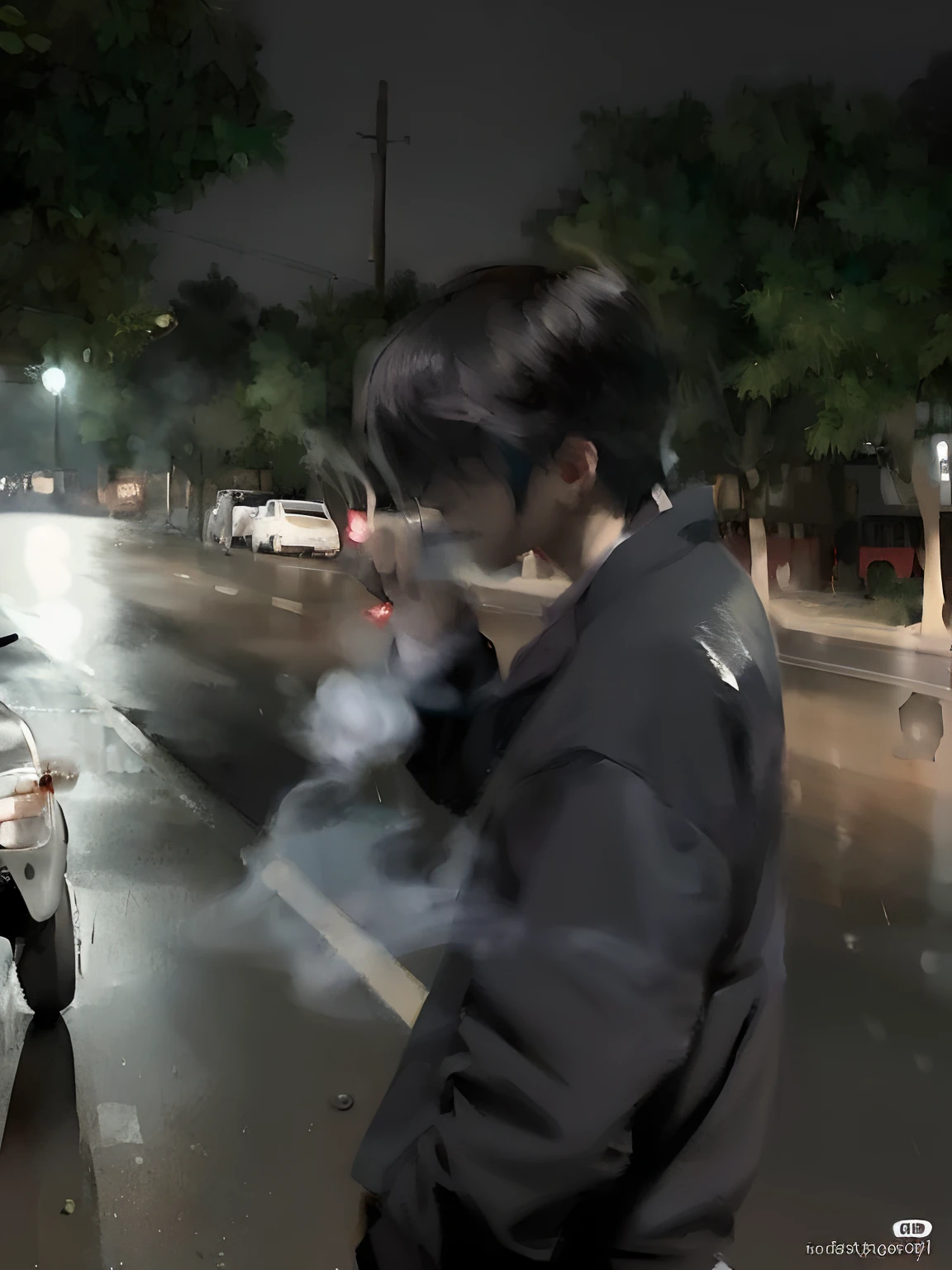 there is a man standing on the side of the road smoking, smoking outside, smoking a cigarette in the rain, thick smoke around him, they are smoking, smoke on the street, smoking a cigarrette🚬, he is smoking a cigarette, smoke in front, blowing out smoke, with smoke, with dark ghost smokes around, low quality footage