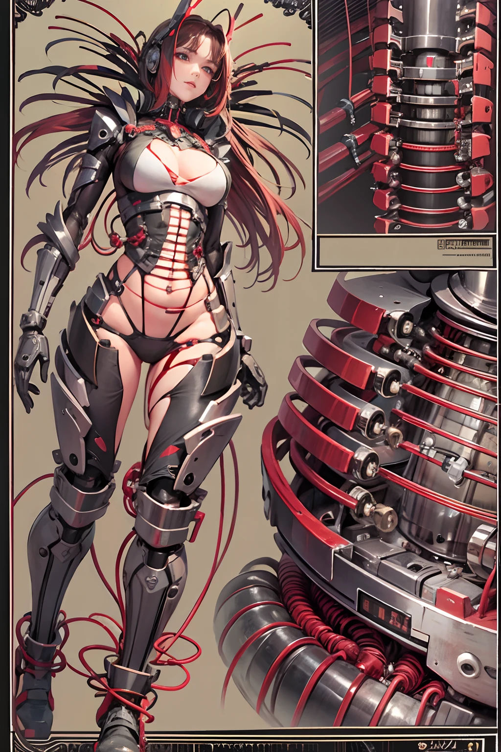 (tmasterpiece,top Quority,best qualtiy,offcial art,Beauty and aesthetics:1.2),(1 mechanical girl:1.3),(Only the upper body:1.4),huge tit,Beheaded at the waist(Exposing internal organs,Mechanical internal organs),blood vess,(Being pierced through the body:1.4 ),Extremely detailed,plethora of colors,Most detailed((ultra - detailed)),(highly detailed CGillustration),((Very fine and beautiful),(From the side Side),(Machine-made joints:1.2),((Mechanical limb)),(Blood vessel attached to tube), (Mechanical vertebrae are attached to the back),((The mechanical cervical vertebrae are attached to the neck)),(sitted),face expressionless,(Wires and cables are attached to the neck:1.2),(Wires and cables on the head:1.2)(Character focus),Science fiction,White background,(bloods:1.5),