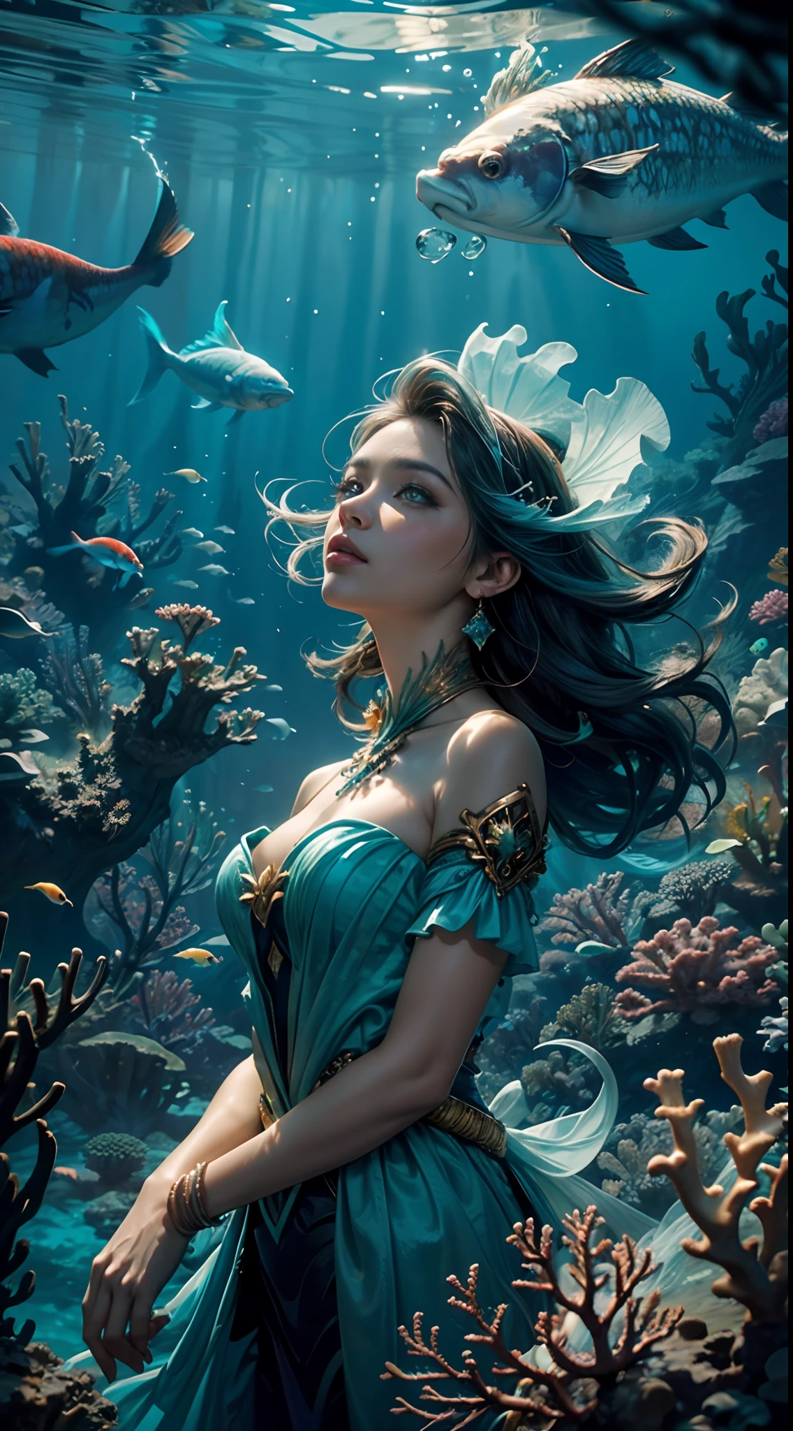 Craft a surreal underwater scene with a Malay girl in hijab riding a majestic seahorse through a magical coral reef. Illuminate the underwater world with a soft, ethereal glow, and incorporate mythical sea creatures around them. Create a sense of wonder and fantasy, emphasizing the harmony between the girl, the seahorse, and the enchanting marine environment. Use vibrant colors, dreamlike lighting, and intricate details to bring this underwater fantasy to life