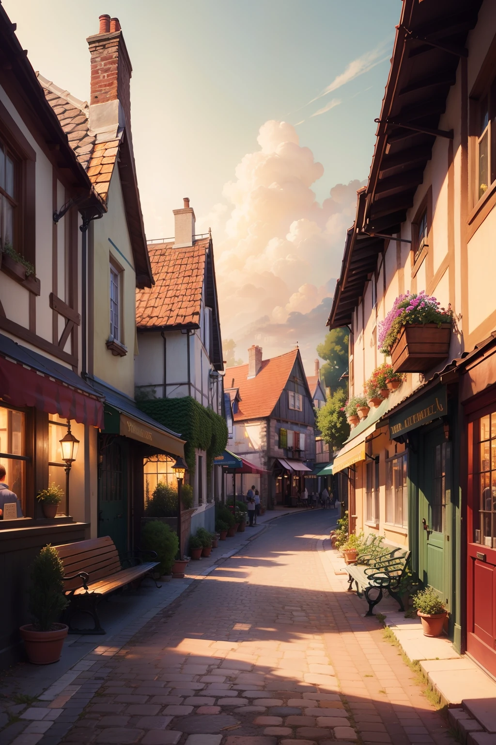 Street scene painted with cafes and benches, quaint village, Thomas Kinkade CFG _ Level 9, french village exterior, Thomas Kinkade CFG _ Scale 8, Inside the French village, tomas kinkade, author：Bernard DeAndrea, author：Arthur Penn, streetview, Pierre Roy, cottage town, countryside city scene, landscape artwork, view over city