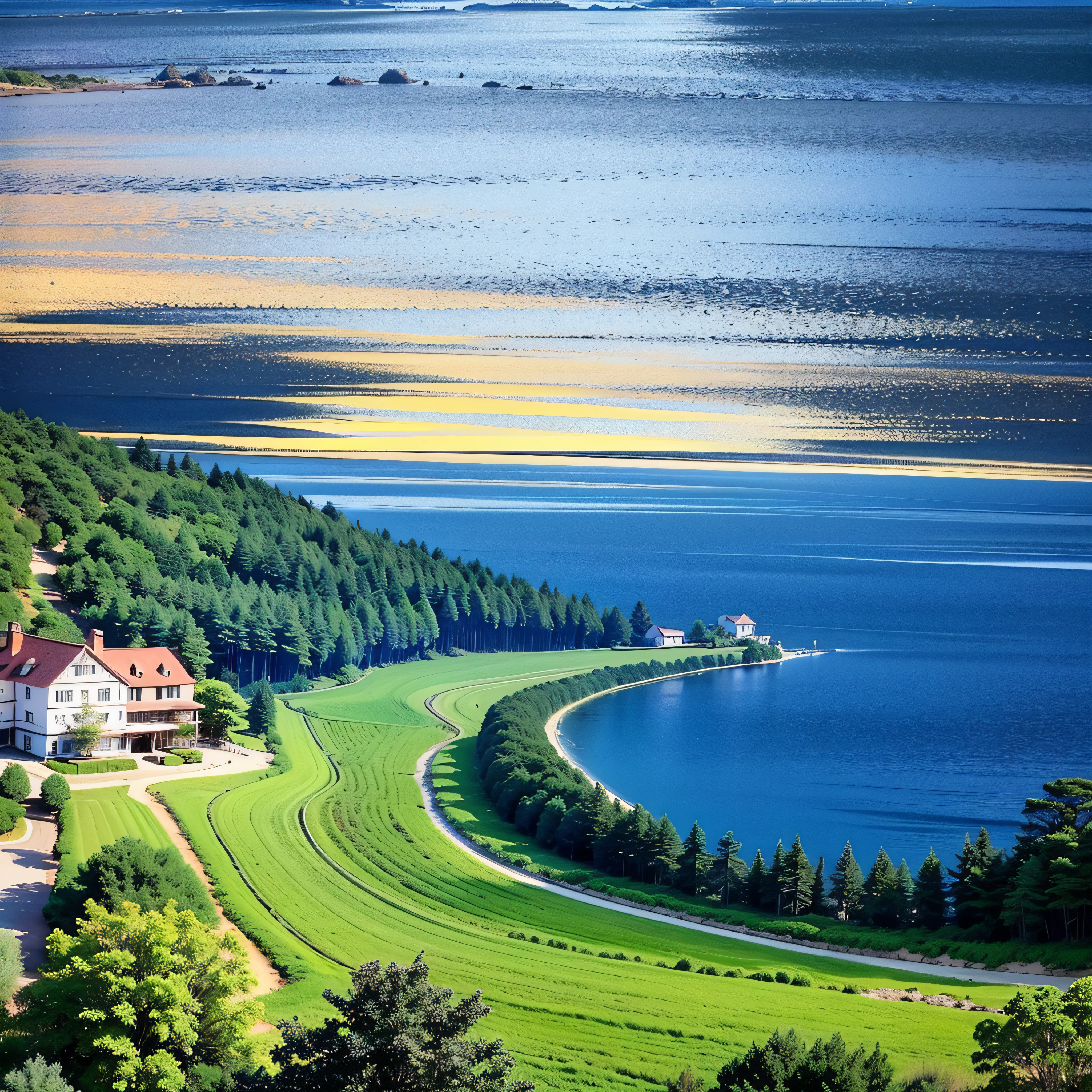 An imposing tree, full of life and vibrant colors, rises majestically next to a wooden house painted in light shades of blue and white. The house is located near the sea, and the gentle breeze carries the salty aroma there. The weather is perfect, with a crystal blue sky and a radiant sun. The sunset creates a spectacle of golden and orange colors on the horizon, painting the scene with even more beautiful tones. The combination of the tree, the house and the marine scenery creates a charming and serene landscape. Style: painting. It will be executed with acrylic on canvas, with vivid brushstrokes and intense colors to capture the vitality of the tree and the beauty of the coastal environment, --air 16:9 --v 5 --auto --s2