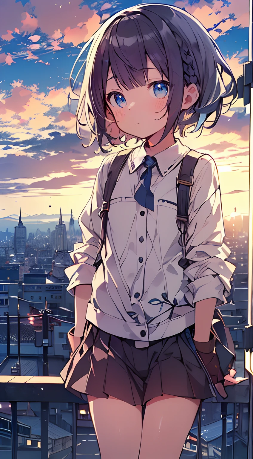 masutepiece, Best Quality,Illustration, Wallpaper, Ultra Detail, absurderes, 1loli, Solo, (Medium short hair、short braided hair), Beautiful detailed eyes , (Street), luminous sky,(a panoramic view:1.3),(Sense of depth:1.5),(longshot:1.3)
