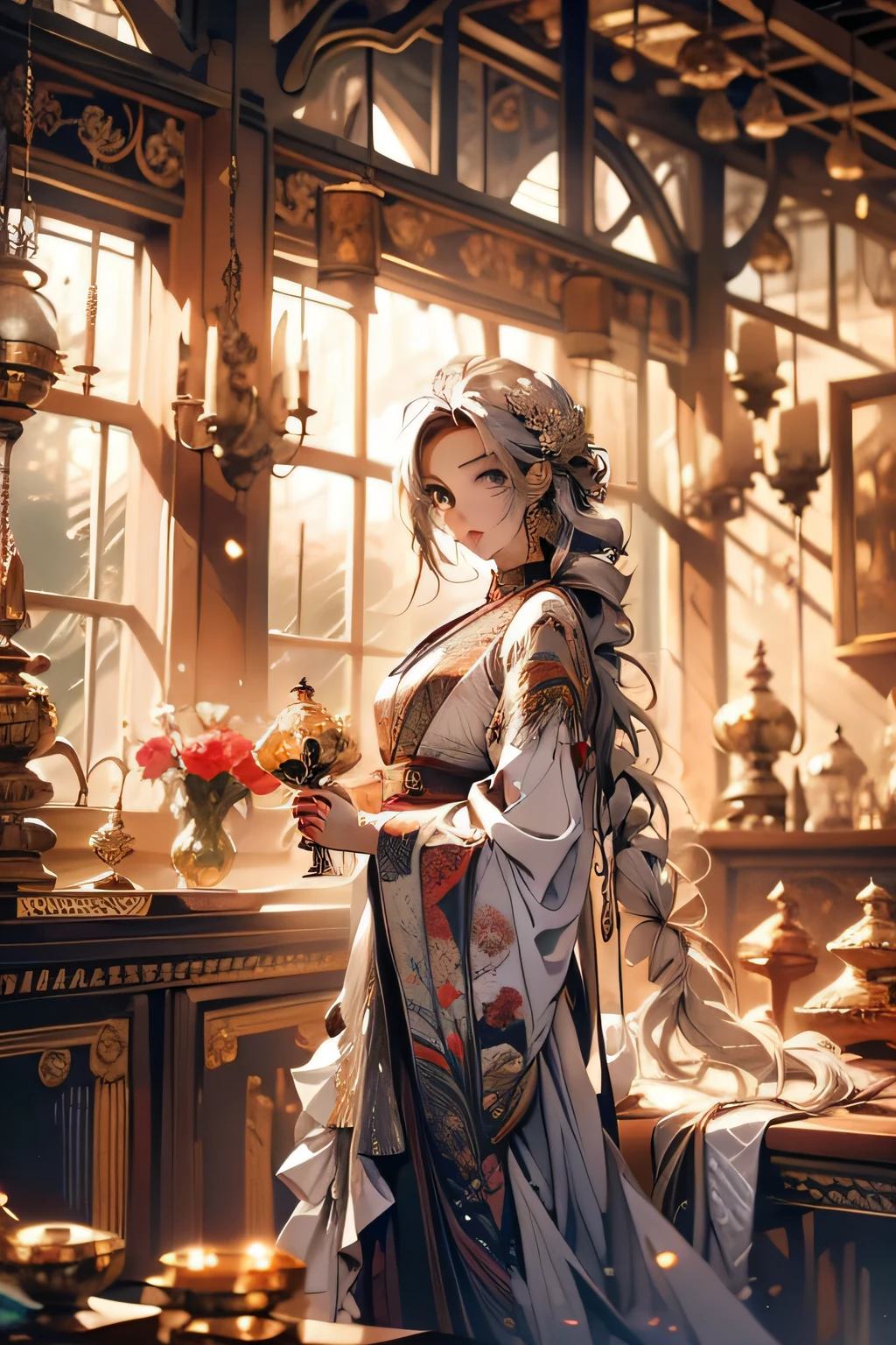 Works of masters,Best image quality,Higher quality,high detal,超高分辨率,s the perfect face,exquisite facial features,Seven-doppelganger shot,a beauty girl, Expressionless, Long hair, White hair, Double up braid, standing, aqua eyes, Drop earrings, Castle, Sleeves_passado_Fingers, hair pin, heartthrob, offcial art, Masterpiece,Roman Art and Architecture,Dreamy,Weird,1girl,