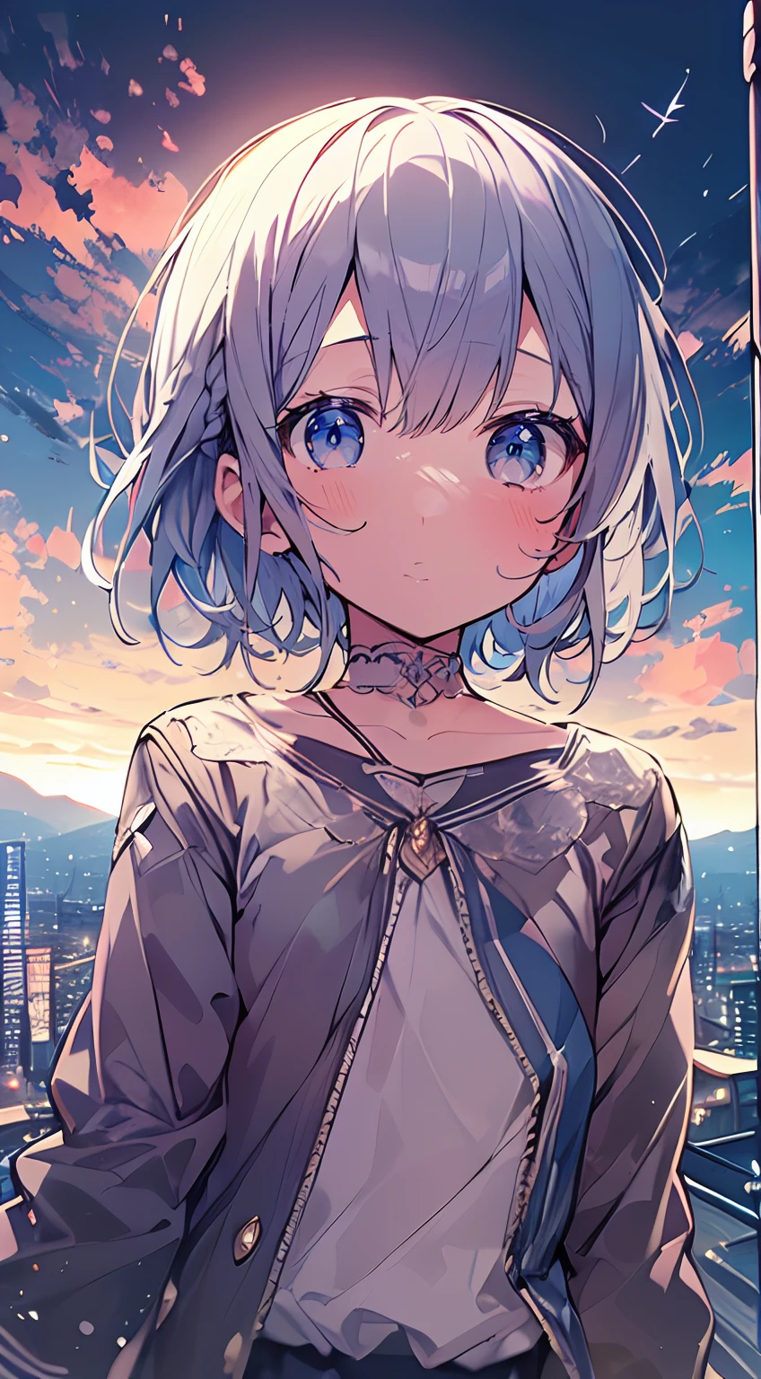 masutepiece, Best Quality,Illustration, Wallpaper, Ultra Detail, absurderes, 1loli, Solo, (Medium short hair、short braided hair), Beautiful detailed eyes , (Street), luminous sky,(a panoramic view:1.3),(Sense of depth:1.5),(longshot:1.3)