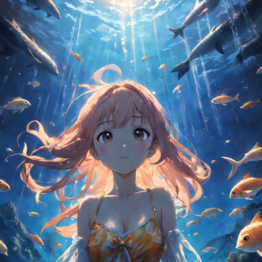 obra-prima, melhor qualidade, filme ainda, sea, ocean, waterfall, cloud space, floating into the sky, close-up, brilhante, feliz, Soft lighting and Warm, sun sunset, UNDER THE SEA VISION, fish, marine animals (Sparks: 0,7)