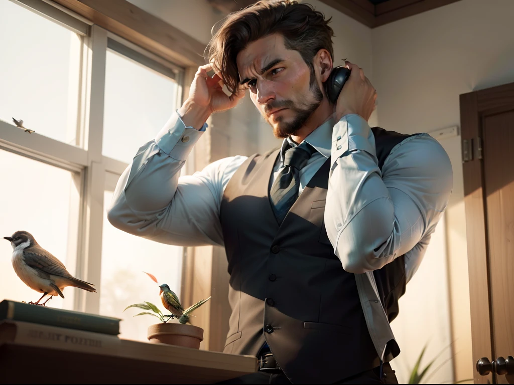 In a study,There is a man who works seriously,There is a bird next to it making a sound,Men can't bear to cover their ears with their hands