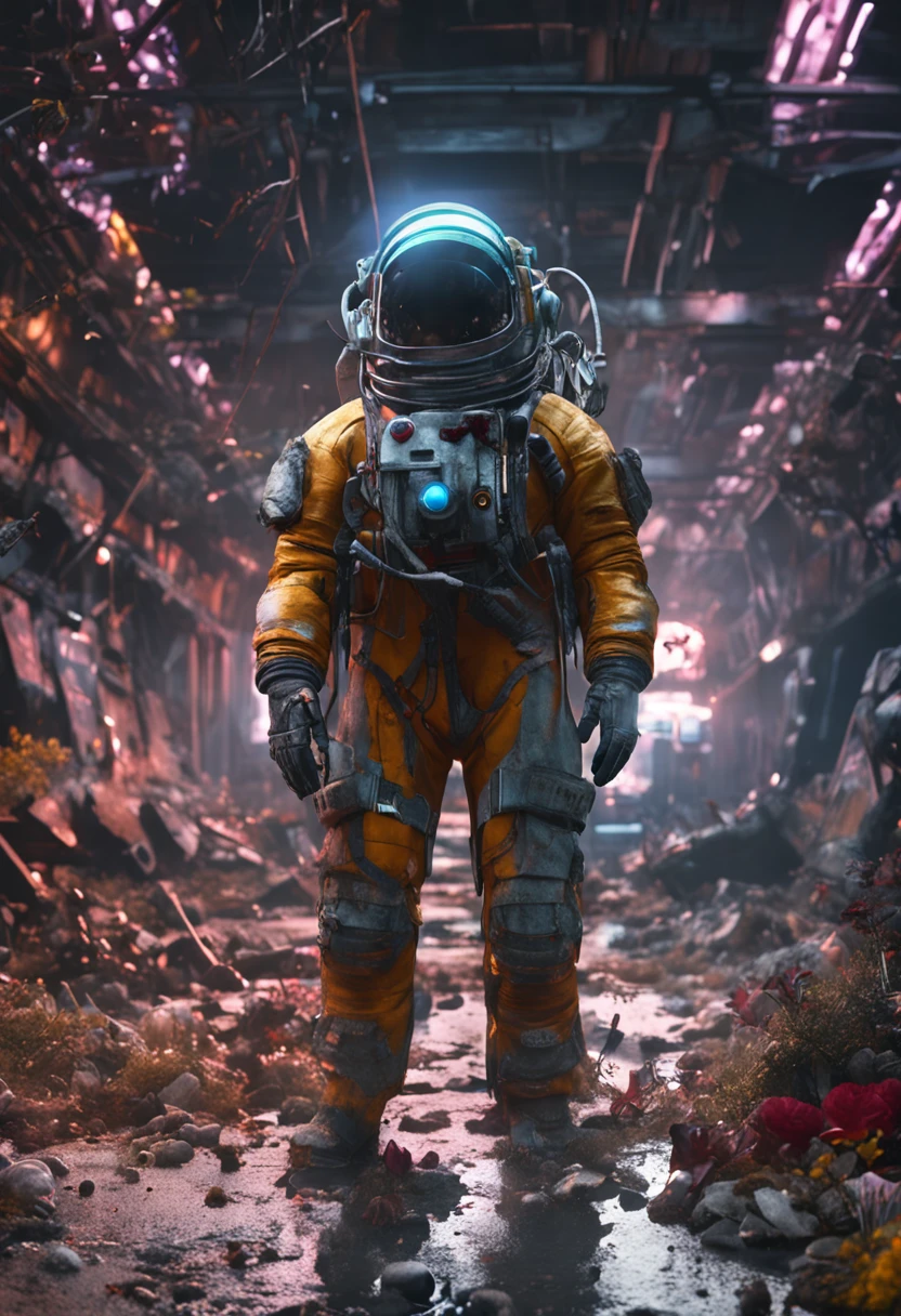 Gorgeous stripped astronaut drying flowers, Bock Crown,, Damaged suit, Blocked masks, Cracked glass, Scratch the screen, the land,Christmas Paradise, The forgotten people,8k recycling,  Cinematic style digital art rendering with mechanical and futuristic details, Sci-fi, Ultra photo realsisim , postapocalyptic, Damaged, Surreal,Horror, zombi, total, Monsters, Undead, bodyhorror, Sunset,blurred environment background, Neon energy halo on the back, (Perfectly shaped eyes:0.8), Portrait, Digital art, concept-art, post-proces, Dynamic lighting, (Drawn by Bochen and WLOP, Stylized by Nixeu and Greg Rutkowski), pixiv trending, Perfectcomposition, Cinematic, Majestic, Detailed, sharp detailed, Sharp focus, Perfect anatomy, Shiny, Masterpiece, Award-winning photography, Fine-tune the face, Masterpiece, fine art：Yoshiyuki Sadamoto和Matt Banning。
