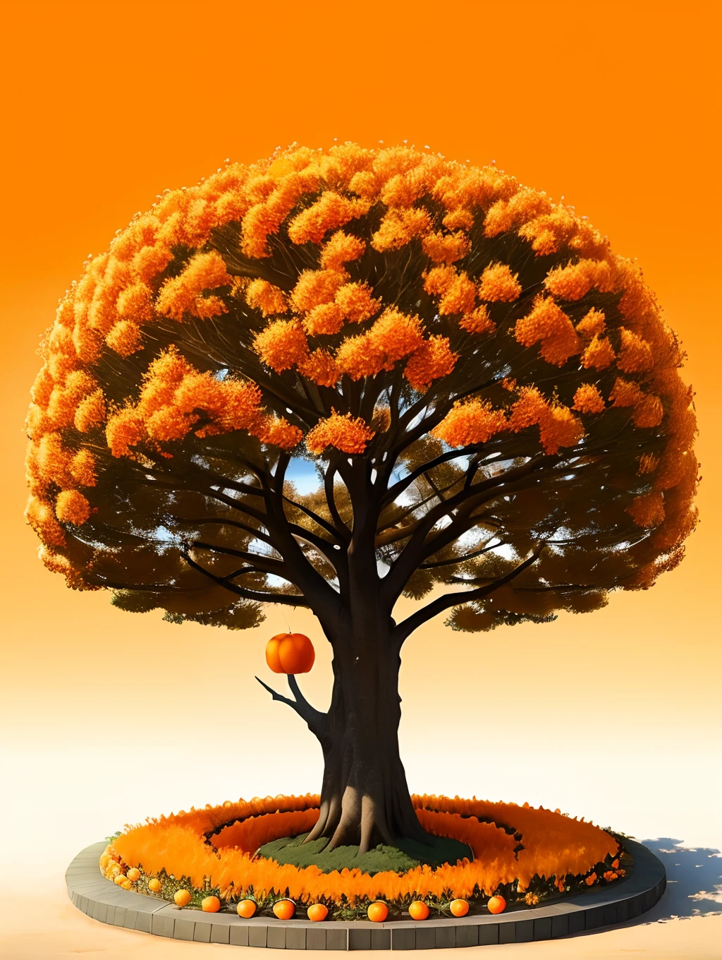 An orange tree,The trees are covered with oranges the size of a football。