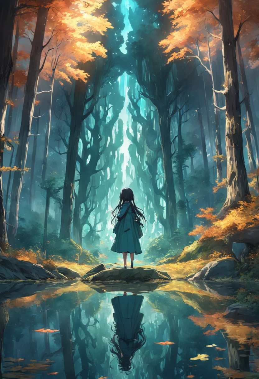 (Light magic:1.2), (Grim:1.1) forest, springtime, (Intricate details), A mirror-like lake，(ultra - detailed), 8k hdr, high detal, A lot of detail, High quality,Tyndall effect， (Colored:1.3)