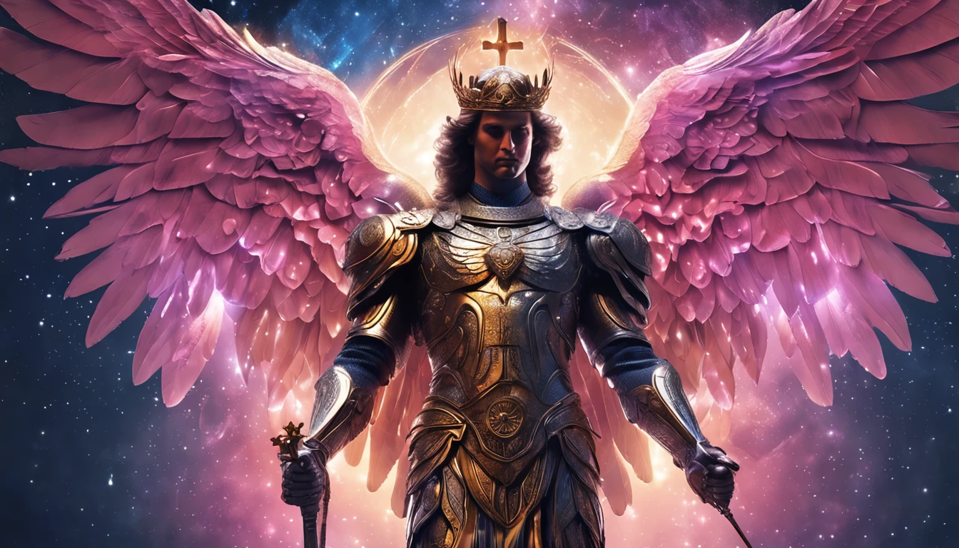 um personagem masculino, o arcanjo Miguel, imagem celestial, detalhes intricados, realista, asas ROSAS e grandes, fundo angelical, Catholic illustrative image of the archangel Michael, Male character of the Bible, Michael is wearing his angelic armor, cosmic background, Illumination in the Archangel and in the background, imagem do corpo todo do anjo, Maximum detail and his angelic face and wings, pele perfeita realista, Maximum image quality, Miguel ele esta destacado na imagem com cores fortes e chamativas.