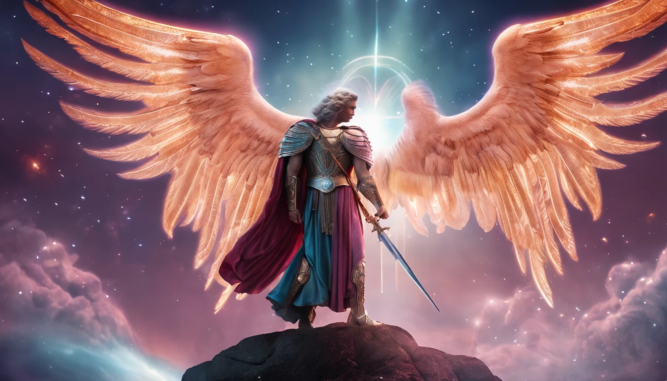 um personagem masculino, o arcanjo Miguel, imagem celestial, detalhes intricados, realista, asas ROSAS e grandes, fundo angelical, Catholic illustrative image of the archangel Michael, Male character of the Bible, Michael is wearing his angelic armor, cosmic background, Illumination in the Archangel and in the background, imagem do corpo todo do anjo, Maximum detail and his angelic face and wings, pele perfeita realista, Maximum image quality, Miguel ele esta destacado na imagem com cores fortes e chamativas.