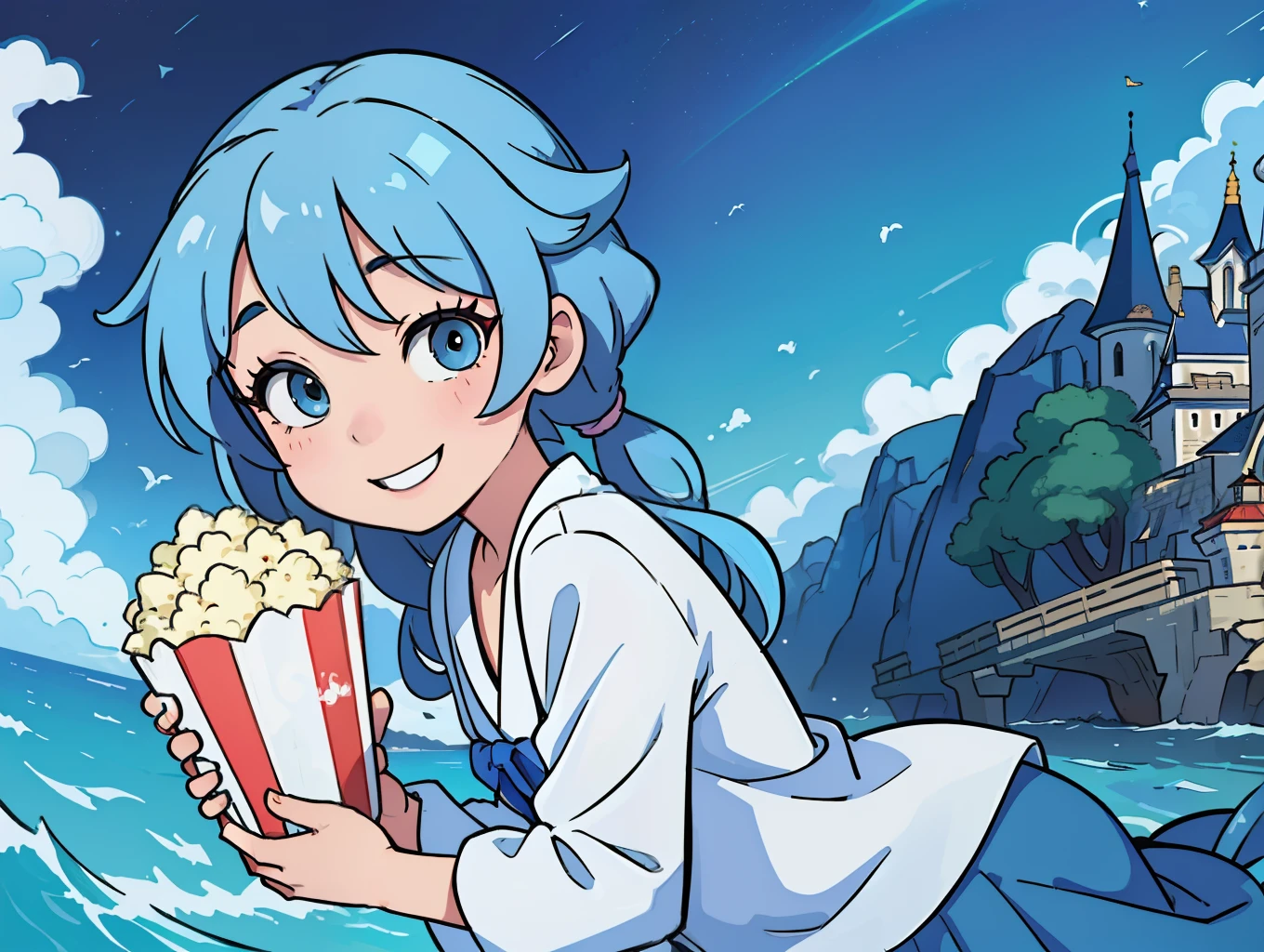 masterpiece、hight resolution、depth of fields、dynamic ungle、1girl in、校服、Disney Parks、popcorn、The Little Mermaid Area、Light blue hairstyle、Bomao、a smile