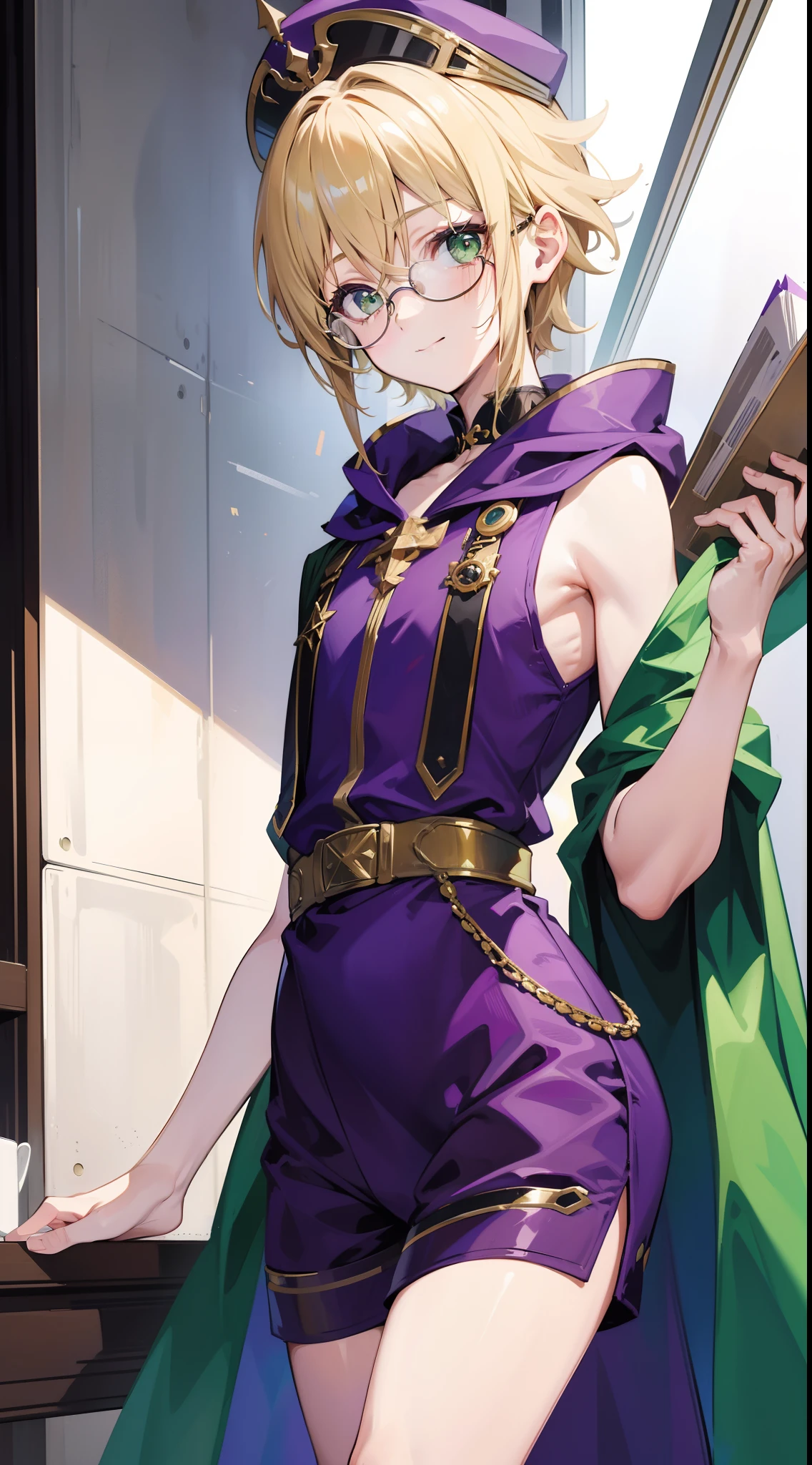 young boy, short blonde hair, Green eyes, Purple robe, Sleeveless, Shorts, pilot's glasses on his head, ssmile, Masterpiece, hiquality