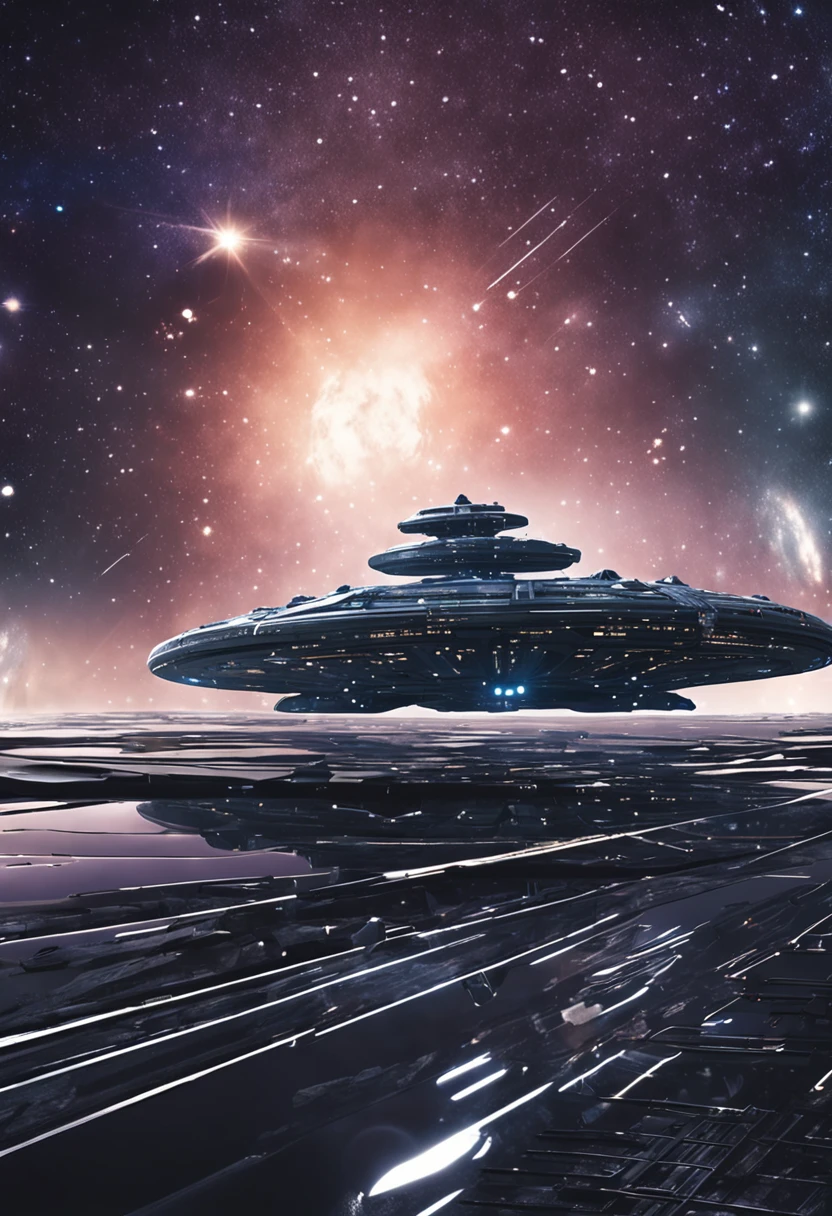 **An immense interstellar craft, its silhouette adorned with myriad lights shining from endless windows. Dominating its design, a vast clear dome offers a panoramic view of the cosmos, where passengers can immerse themselves in the beauty of faraway galaxies and the mysteries of space. Medium: Digital Art. Style: The grandeur of "Star Wars' Star Destroyer" combined with the elegance of "Guardians of the Galaxy's" Milano. Lighting: Soft luminescence from the craft's windows juxtaposed against the serene darkness of the universe, dotted with distant celestial bodies. Colors: Shades of chrome and white for the craft, complemented by the deep blues, violets, and shimmering stars of space. Composition: Captured using a Nikon D850, with a 70-200mm f/2.8 lens, Resolution 45.7 megapixels, ISO sensitivity: 64, Shutter speed 1/200 second. --ar 16:9 --v 5.1 --style raw --s 750** - Image #2