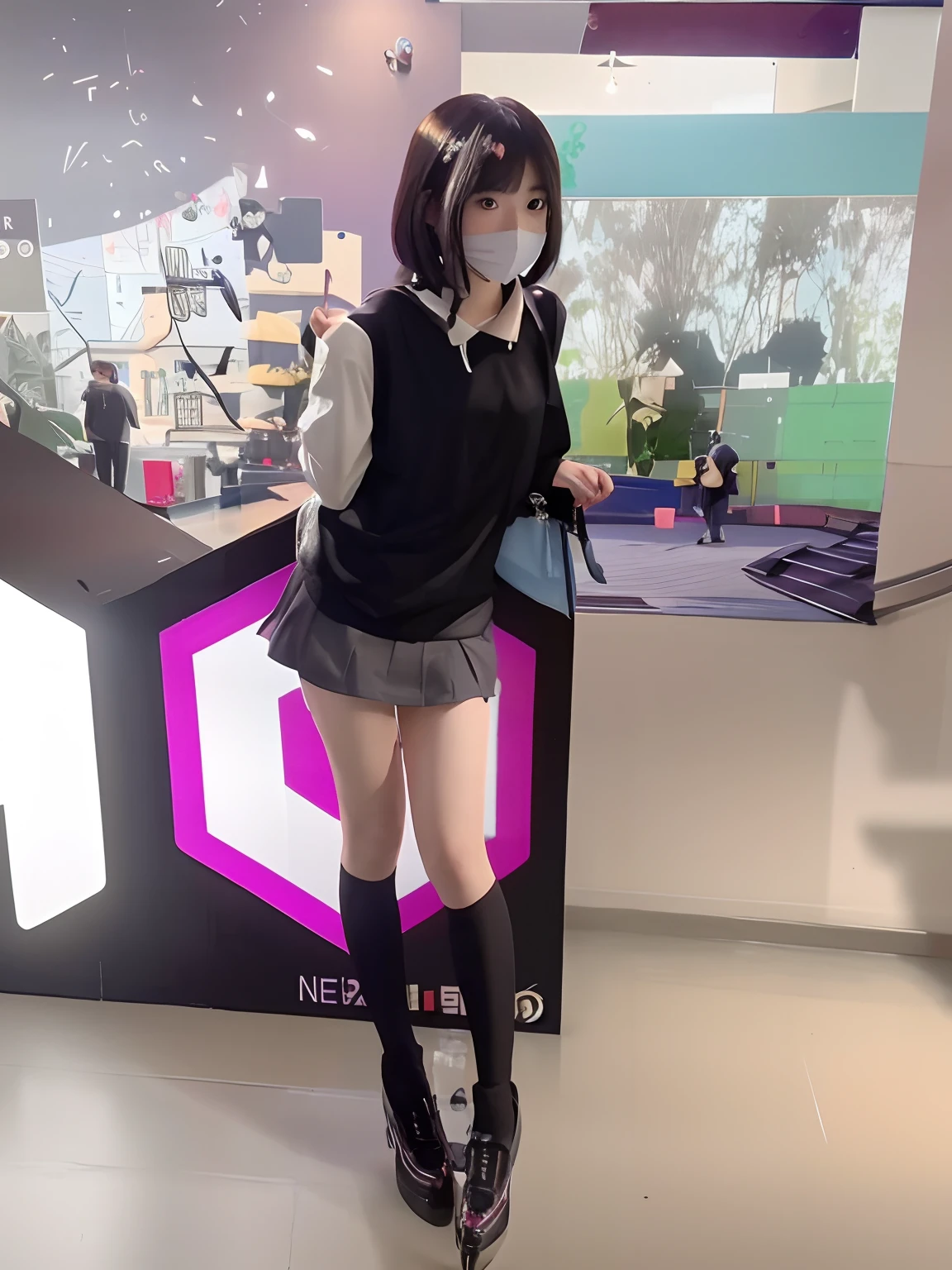 araffe in a short skirt and black shirt posing for a picture, perfect android girl, live2d virtual youtuber model, cyber school girl, anime vtuber full body model, posing in neo - tokyo futuristic, the robot wearing her human mask, posing robotically, appearing in a shopping mall, the most advanced humanoid robot, (neotokyo)