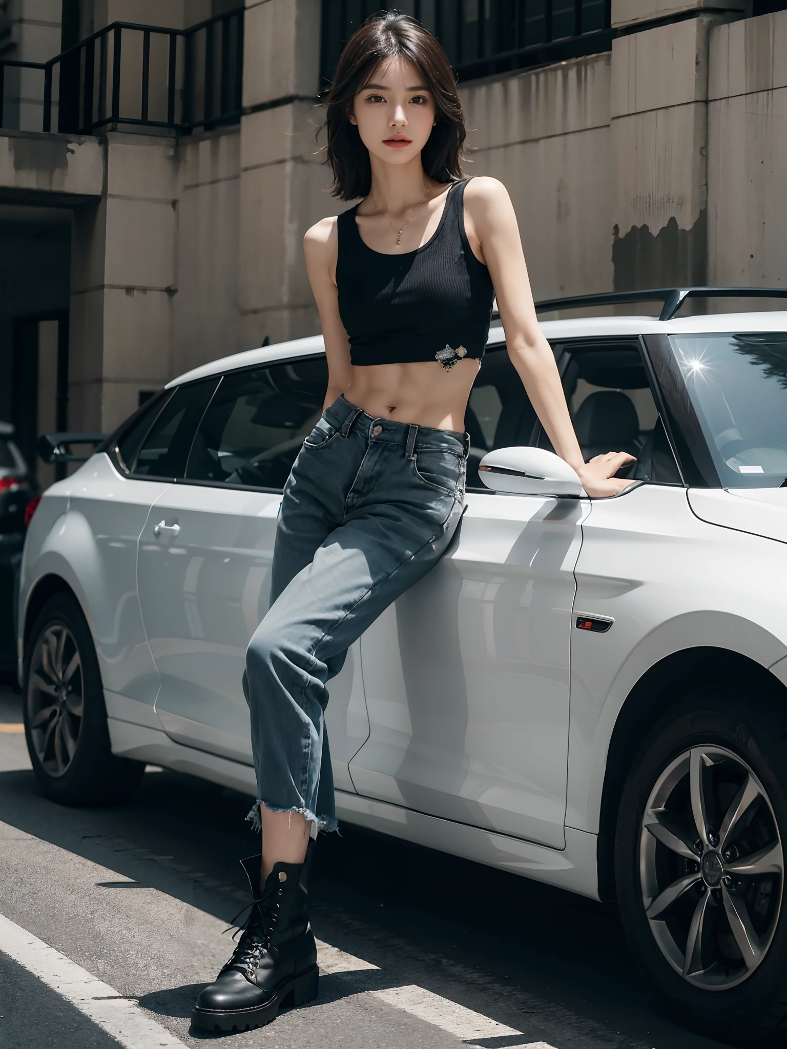 ((smallunderboob,Tomboyish,small heads)), (Well-defined abs: 1.1), (perfect bodies: 1.1), (short-length straighthair: 1.2), Black hair, upper body photos, attractive collarbone，nabel，（极其细致的CG 8k壁纸），（Extremely refined and beautiful），（tmasterpiece），（best qualtiy：1.0），（超A high resolution：1.0），beautiful light up，Perfect lightning，realistic shaded，[A high resolution]，Smooth and flawless fair skin，ultra - detailed ，Light gray vest，Very tattered black beggar pants，There are a lot of particularly large holes in the pants，black military boots，Elongated legs，flatchest，Slim，emaciated，Female driver，Sitting in a private car，Place your hands on the steering wheel，driving car，Early morning light，summertime，