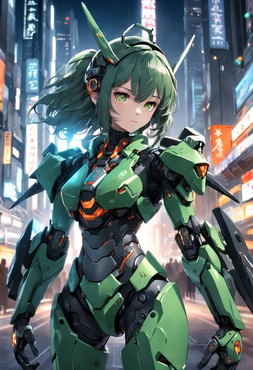 Highest image quality, outstanding details, ultra-high resolution, (realism: 1.4), the best illustration, favor details, highly condensed 1girl, with a delicate and beautiful face, dressed in a black and green mecha, wearing a mecha helmet, holding a directional controller, riding on a motorcycle, the background is a high-tech lighting scene of the future city.