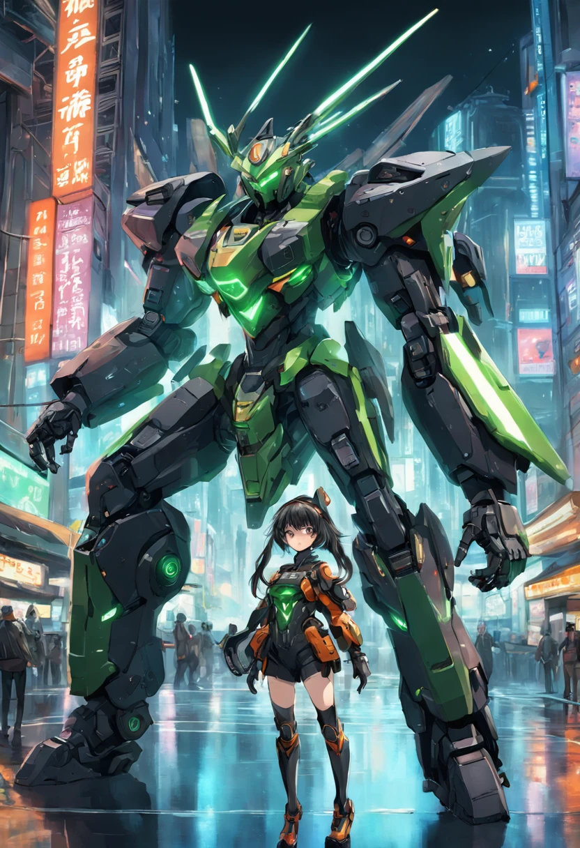 Highest image quality, outstanding details, ultra-high resolution, (realism: 1.4), the best illustration, favor details, highly condensed 1girl, with a delicate and beautiful face, dressed in a black and green mecha, wearing a mecha helmet, holding a directional controller, riding on a motorcycle, the background is a high-tech lighting scene of the future city.