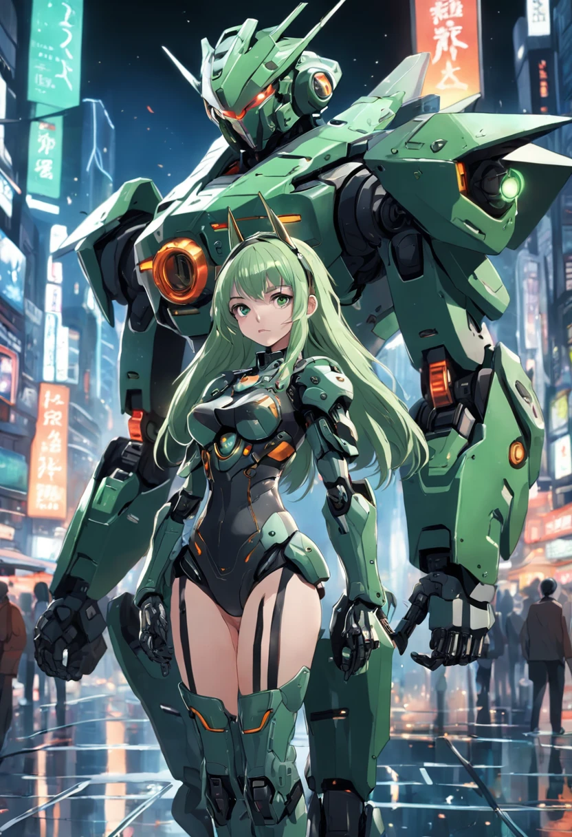 Highest image quality, outstanding details, ultra-high resolution, (realism: 1.4), the best illustration, favor details, highly condensed 1girl, with a delicate and beautiful face, dressed in a black and green mecha, wearing a mecha helmet, holding a directional controller, riding on a motorcycle, the background is a high-tech lighting scene of the future city.