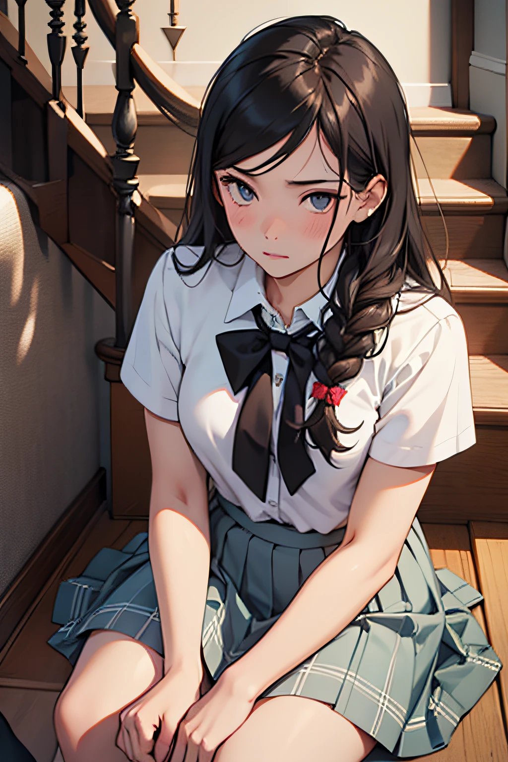 A with a black ponytail, wearing a white school uniform, stood in the room, with an embarrassed expression, looking at the camera, next to the sofa