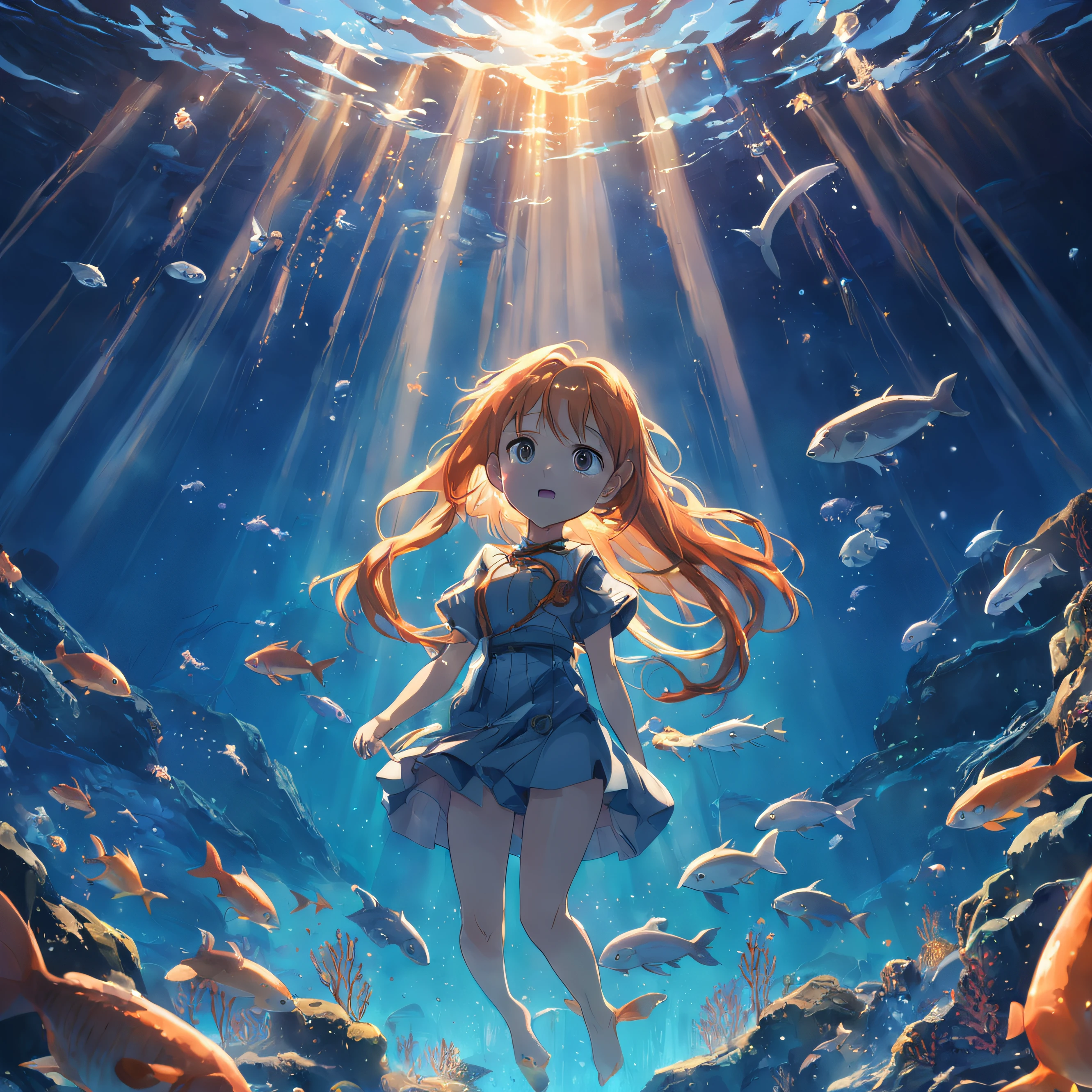 obra-prima, melhor qualidade, filme ainda, sea, ocean, waterfall, cloud space, floating into the sky, close-up, brilhante, feliz, Soft lighting and Warm, sun sunset, UNDER THE SEA VISION, fish, marine animals (Sparks: 0,7)