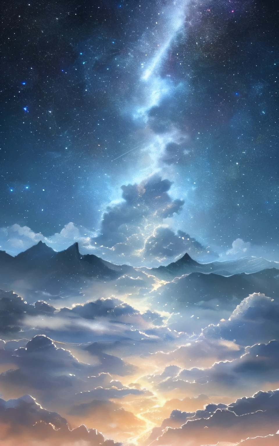 A surrealist one、Gorgeous、Illustration of a sky scene，the night，Including the mountain at the bottom of the screen、A whirlwind-like cloud at the top of the picture，Very detailed and magical lighting、gorgeous color，There are complex and multi-layered clouds on both sides of the picture，There is a lightning bolt in the middle of the picture，Intricate starry sky details，salama，nigh sky，Rich particle effects，Solar punk、scenecy、Beautiful starry sky、Beautiful lighting and realistic proportions，As if it were a movie backdrop，8k，HighestQuali，tmasterpiece，Clouds and stars in the sky。reference《Your name》Still