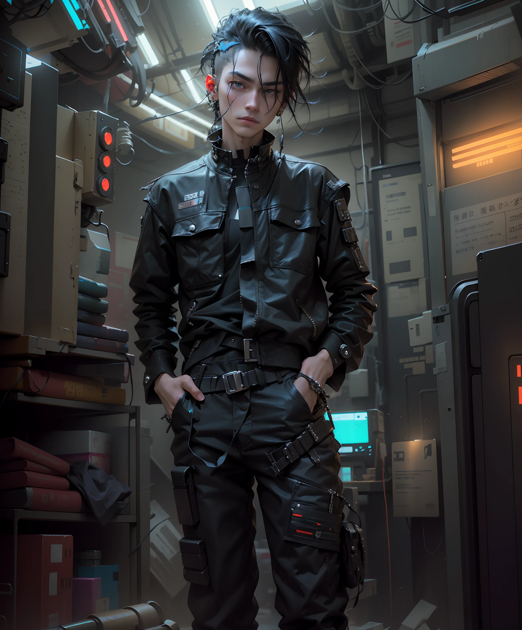 Turn my photo into Beautiful young man medium hair, cyberpunk style dark clothe,bring hear my original face and with cyberpunk style