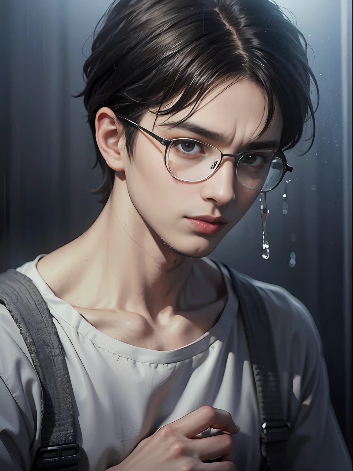 a ager male, black hair, wear glasses, shirt, pants, dark night, heavy rain, lake, fog, lonely, eye reflection, streaming tears, panorama, ray tracing, reflection light, chiaroscuro, cinematic lighting, depth of field, masterpiece, best quality, high details, highres, ccurate, textured skin, high quality, UHD, HD
