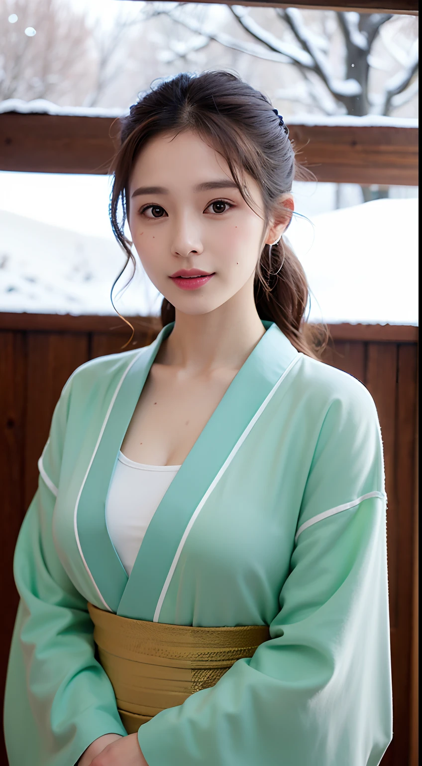 1 rapariga, Bare_tree, brown_Eyes, brown_Hair, build,long whitr hair, Manteau, Head flower, 耳Nipple Ring, Pale green kimono, cparted lips, Shorthair, Looking_at_peeping at the viewer, exteriors, snow landscape,hot onsen, 独奏, The tree, Winters, Detailed_Eyes,ssmile, Bring your arms together, Chest camera, The large, Ears come out, face in golden proportions, The body of the golden ratio, best qualtiy,hyper HD,By bangs
