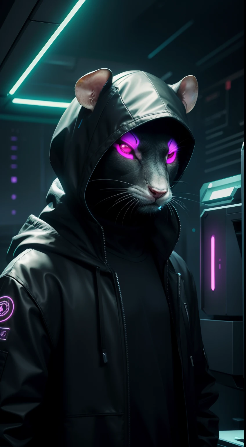 hacker, rat face, matrix on computer, third view, neon light, Animal Anthropomorphism, realistic digital, humanoid, abstract background, global illumination, intricate, epic, dramatic, masterpiece, high detail, best quality, ultra high res