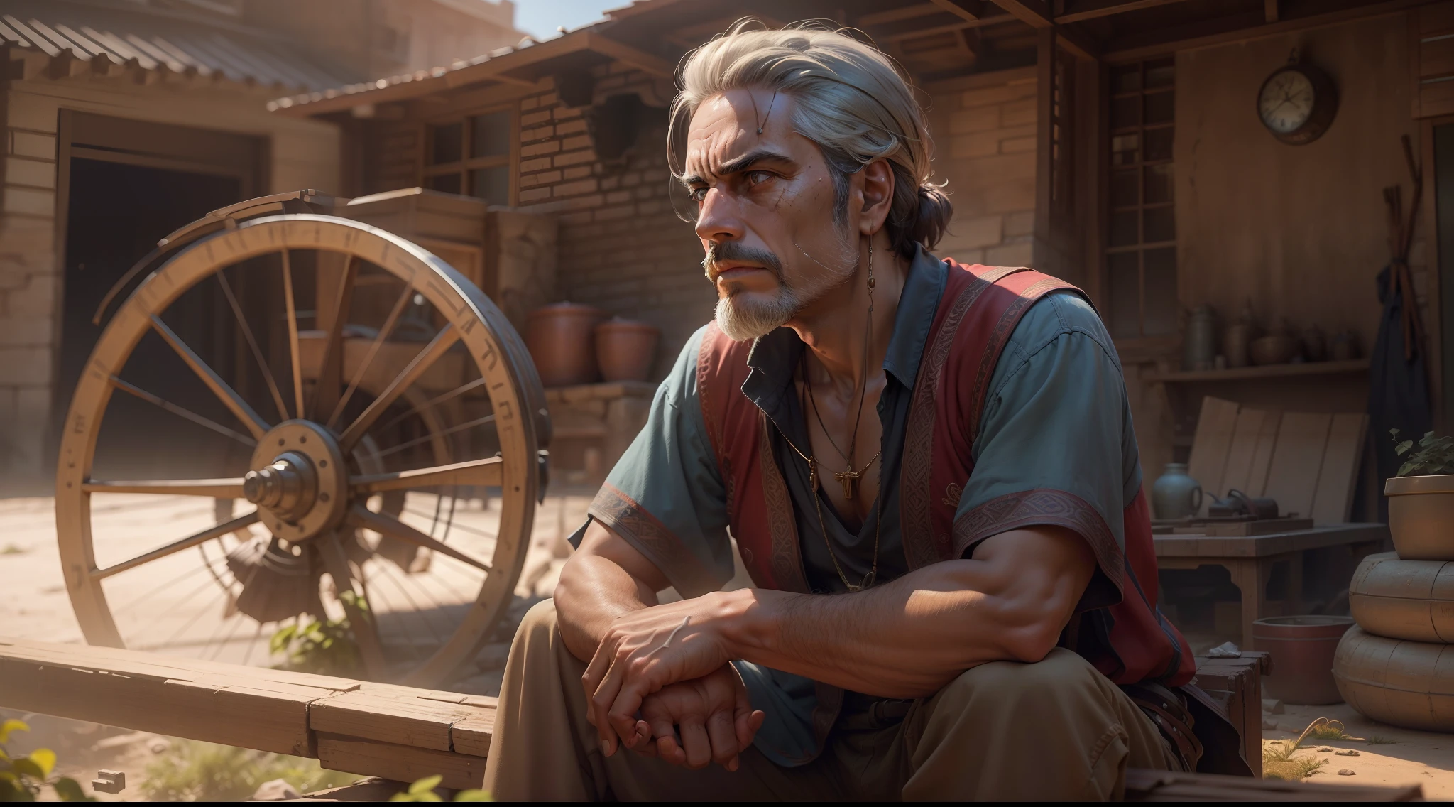Portrait a sunny morning in Babylon. The setting is Bansir's backyard, where he sits on a low wall, gazing at his modest dwelling and the unfinished carriage. He appears visibly desolate and contemplative. Sweat trickles down his face as he runs his hand over the scattered woodworking tools beside him. His distant gaze reveals a mixture of frustration and determination. Convey the atmosphere of the scene, highlighting the contrasting grandeur of the city in the background.8k,cinematic, hiperrealistic, super quality, very detailed